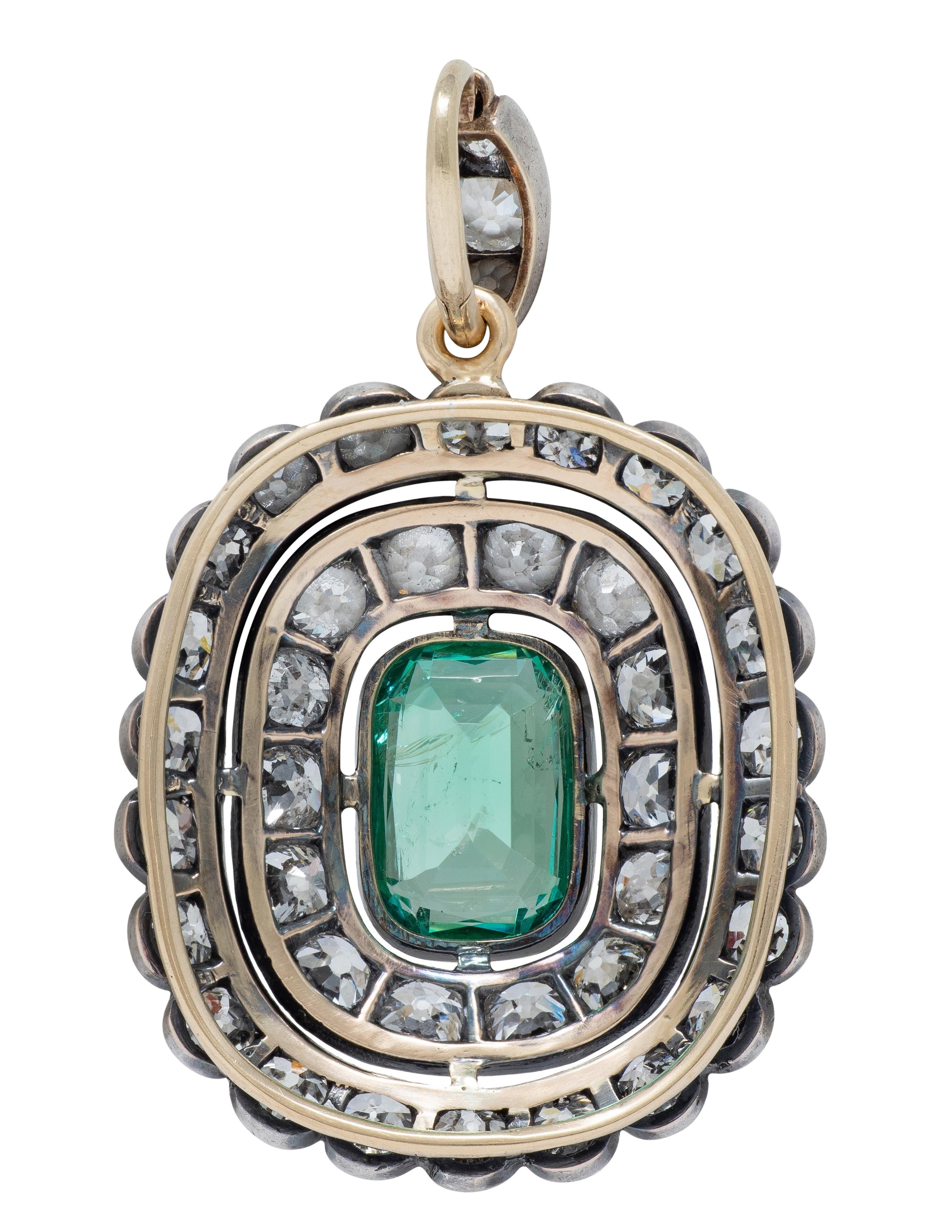 Victorian 8.72 CTW Emerald Diamond Silver 14K Yellow Gold Antique Halo Pendant