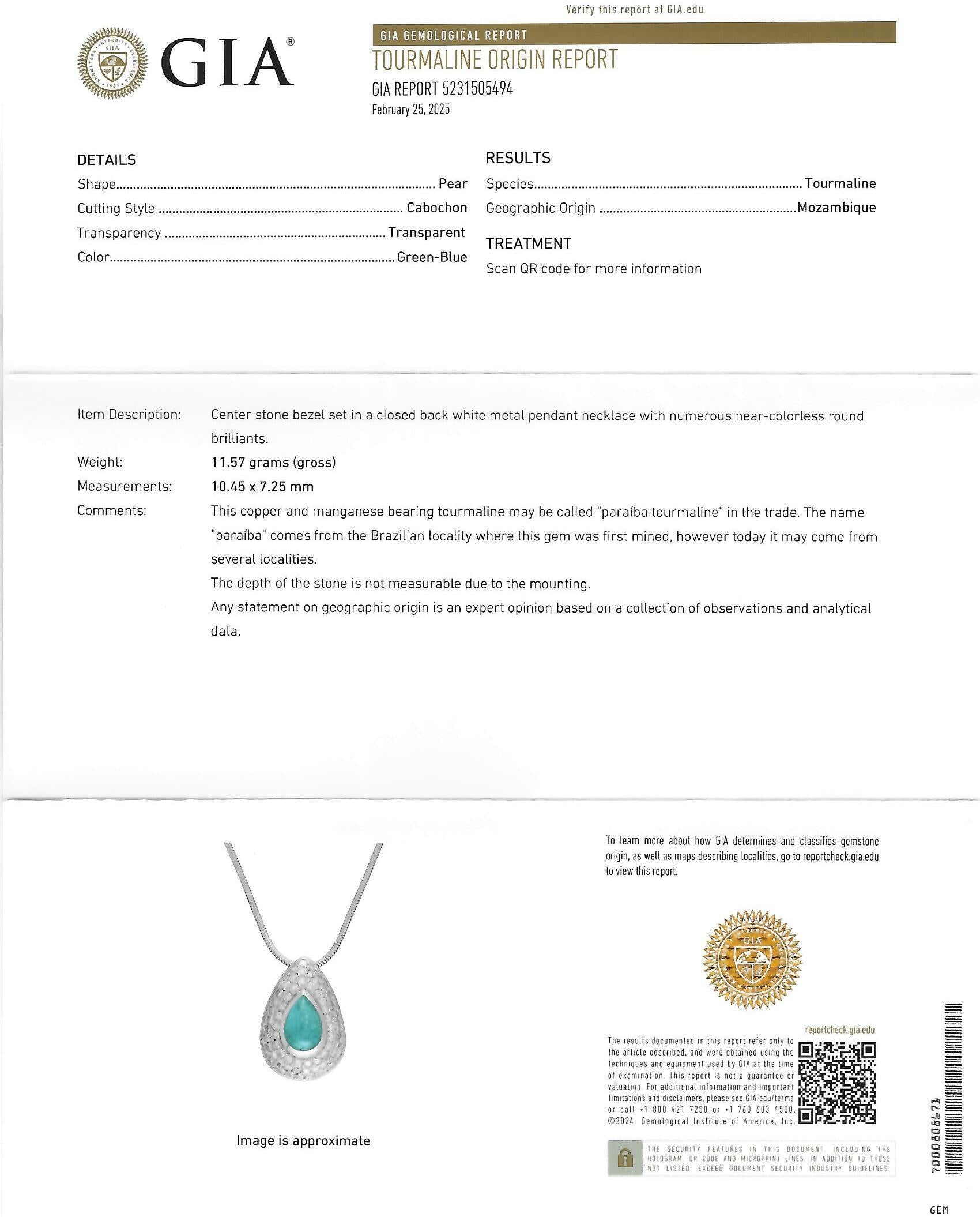 Contemporary 2.30 CTW Paraiba Tourmaline Diamond 18K Gold Pendant Necklace GIA