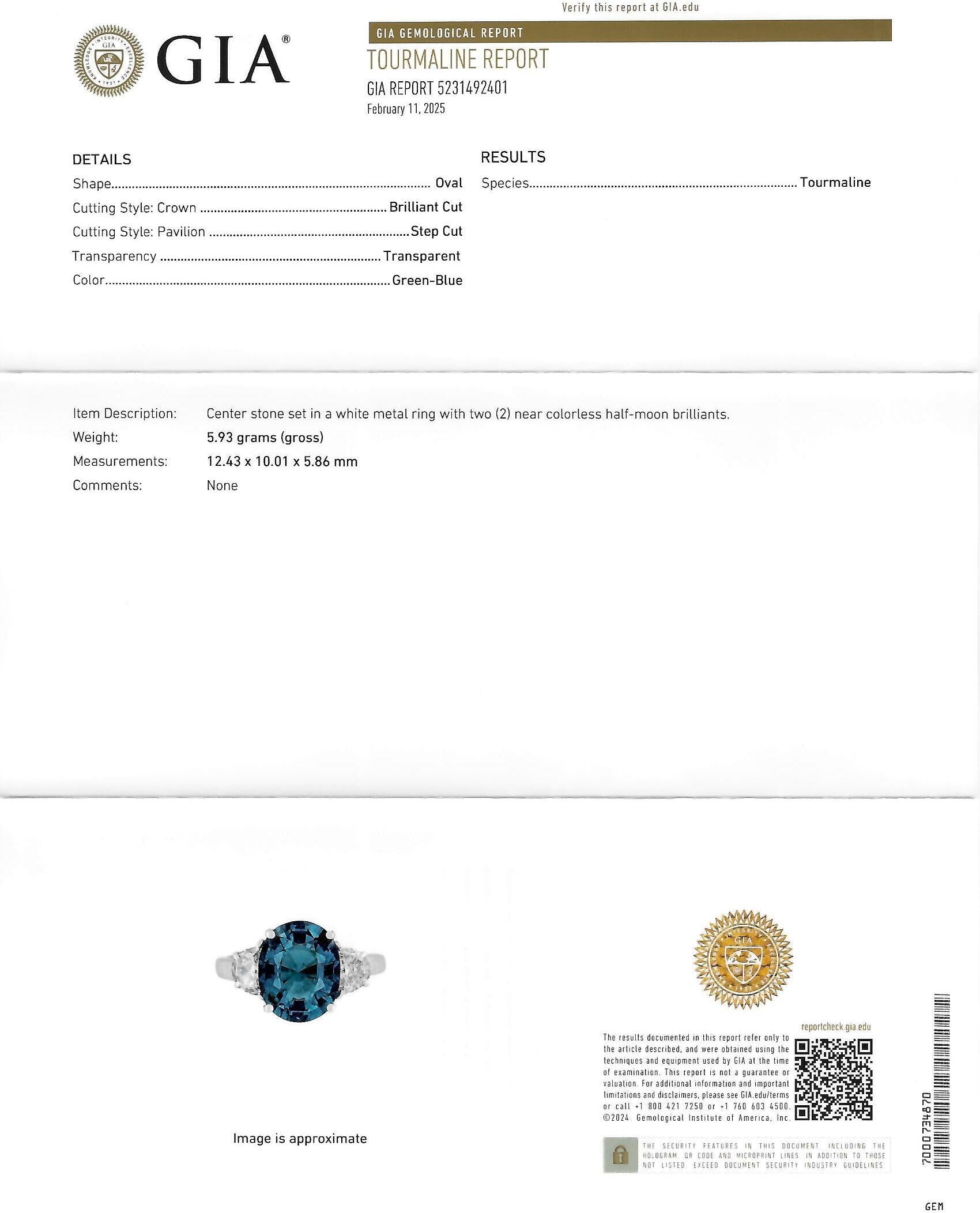 2000's 5.16 CTW Tourmaline Diamond 18 Karat White Gold Three Stone Ring GIA