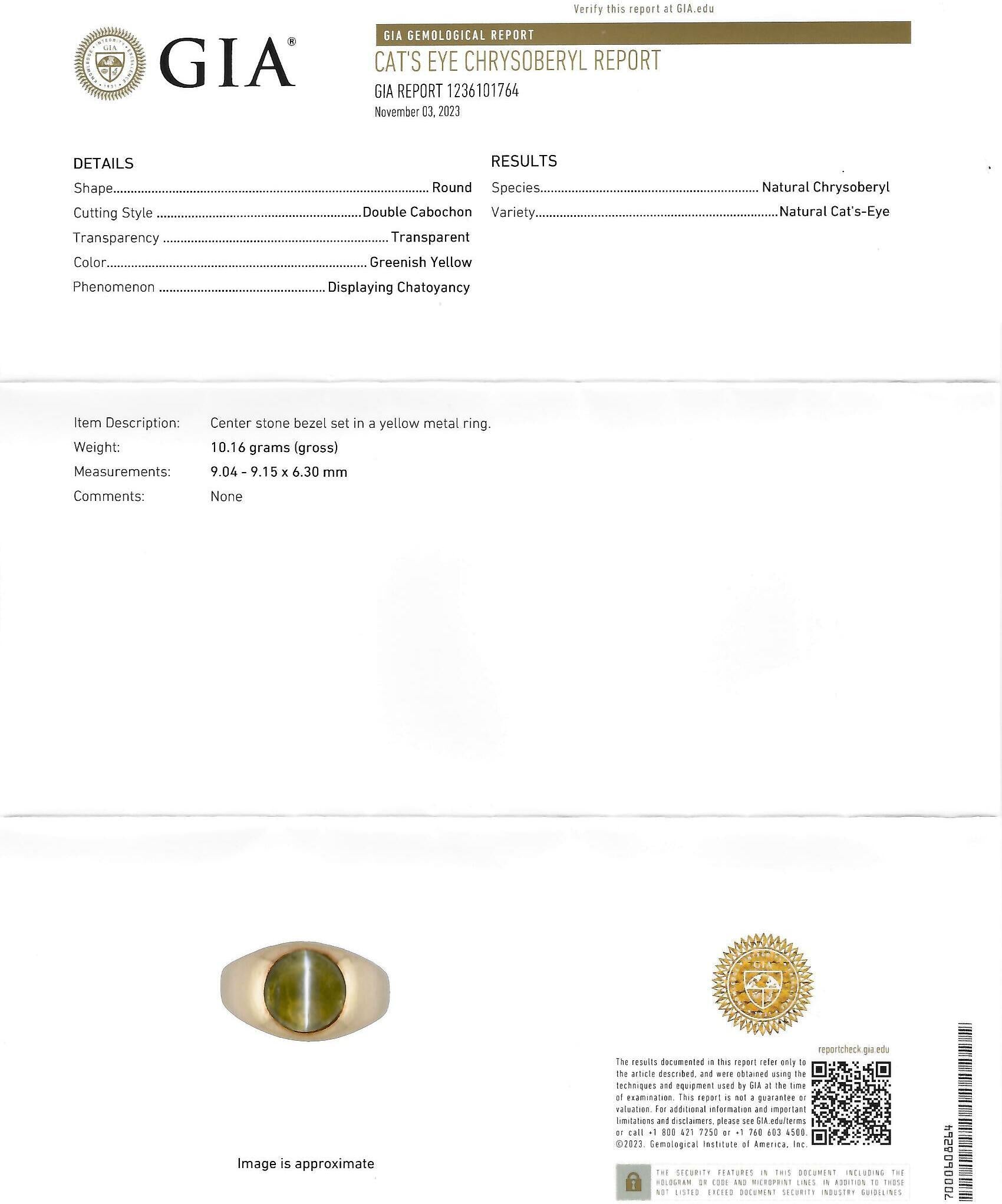 1960 Natural Cat's Eye Chrysoberyl 14 Karat Yellow Gold Vintage Signet Ring GIA