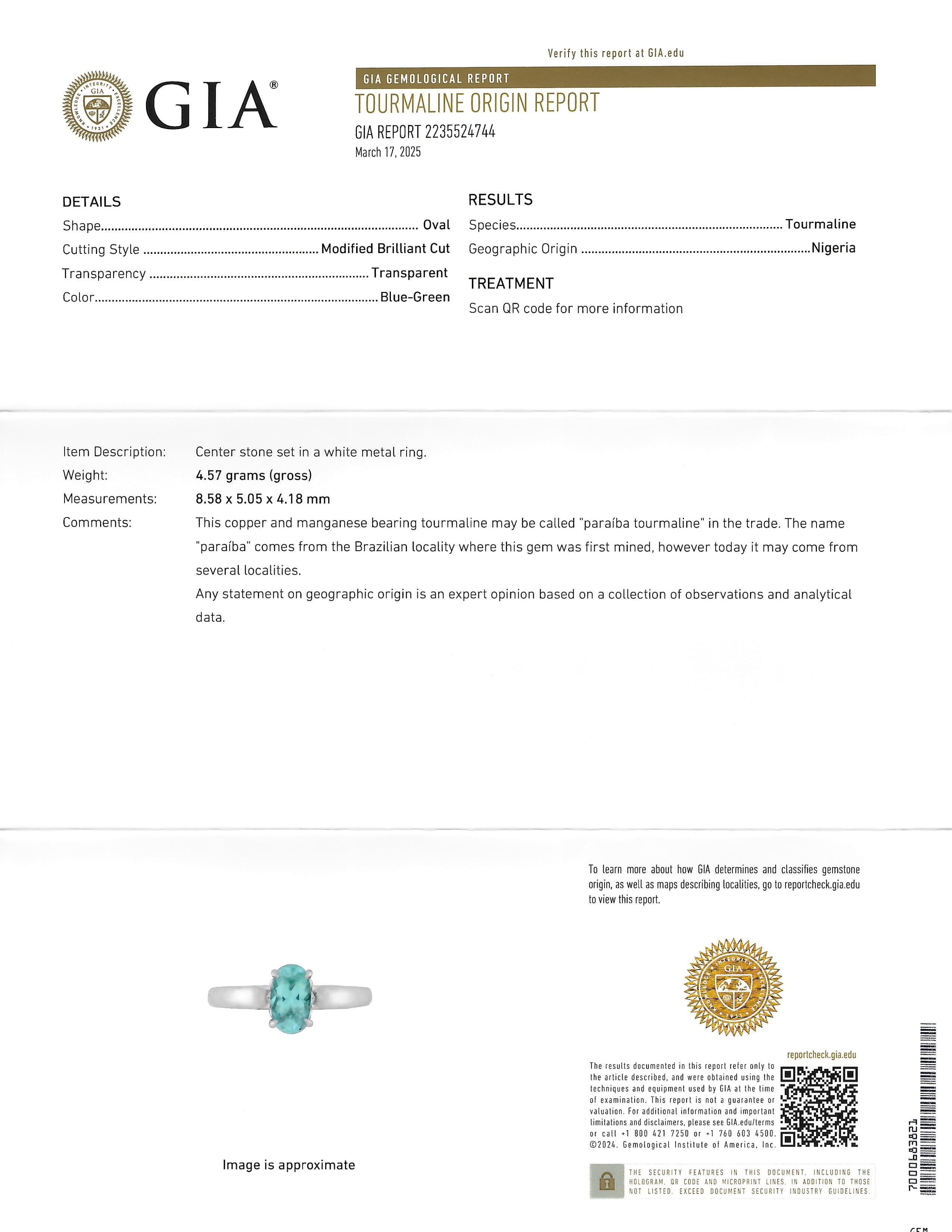 Paraiba Tourmaline 18 Karat White Gold Solitaire Gemstone Ring GIA