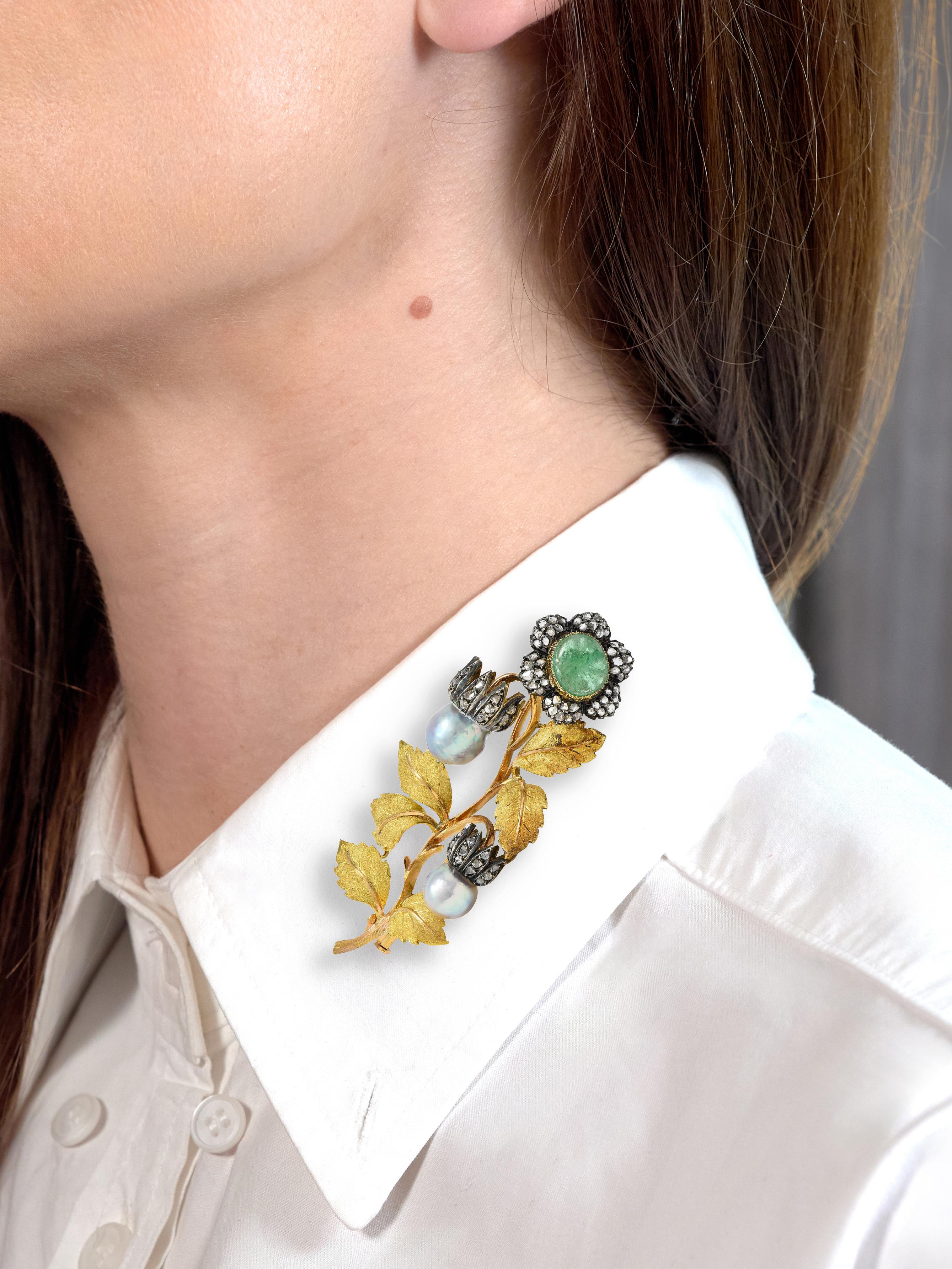 Buccellati 1950's Emerald Diamond Pearl 18K Yellow Gold Vintage Flower Brooch