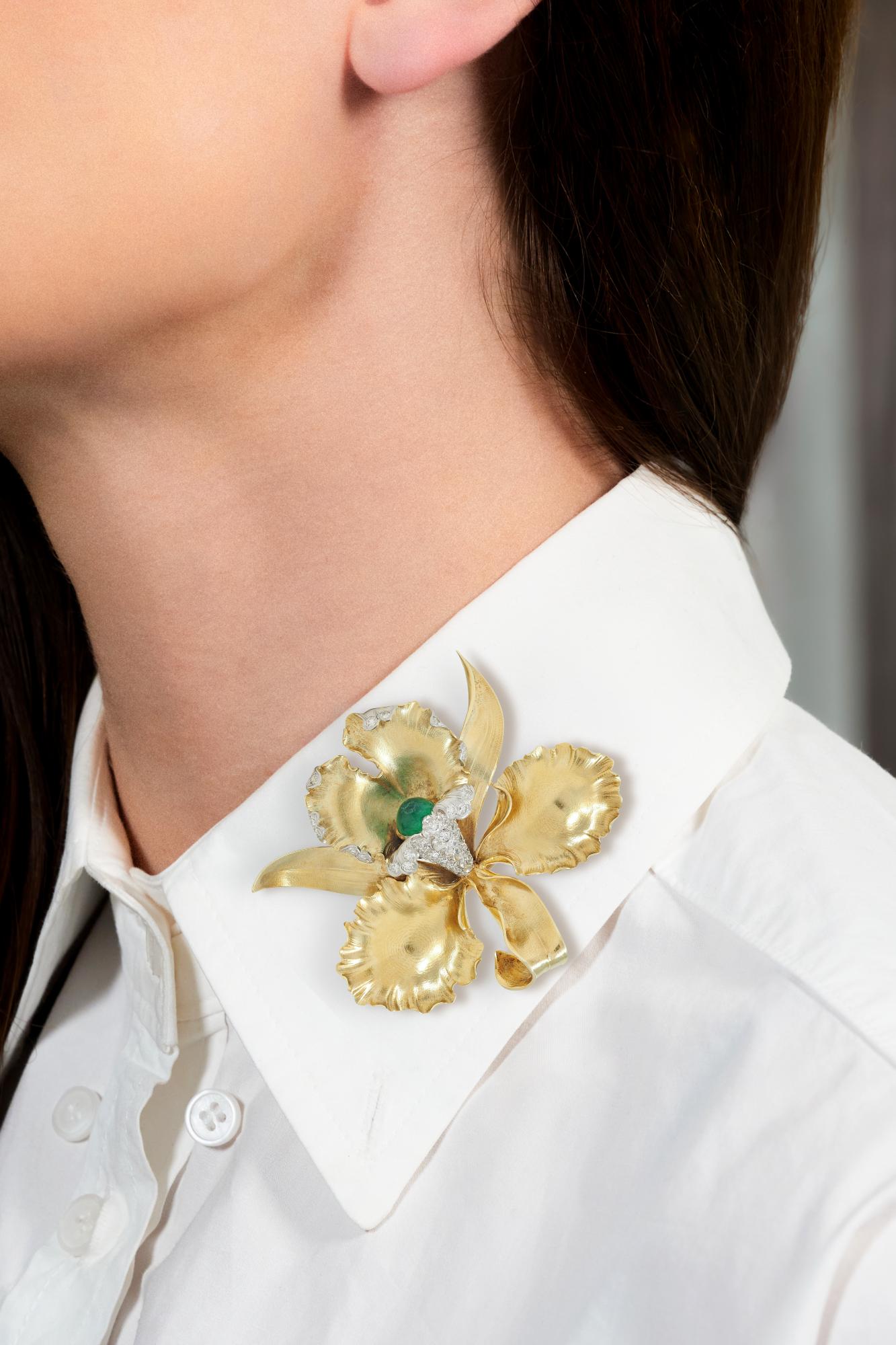 Mid-Century 3.35 CTW Diamond Emerald Platinum 14K Gold Vintage Orchid Brooch