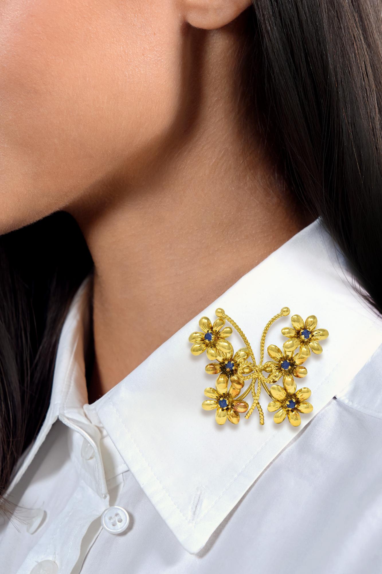 Tiffany & Co. 1960 Sapphire 18K Gold Vintage Bow Floral Butterfly Brooch