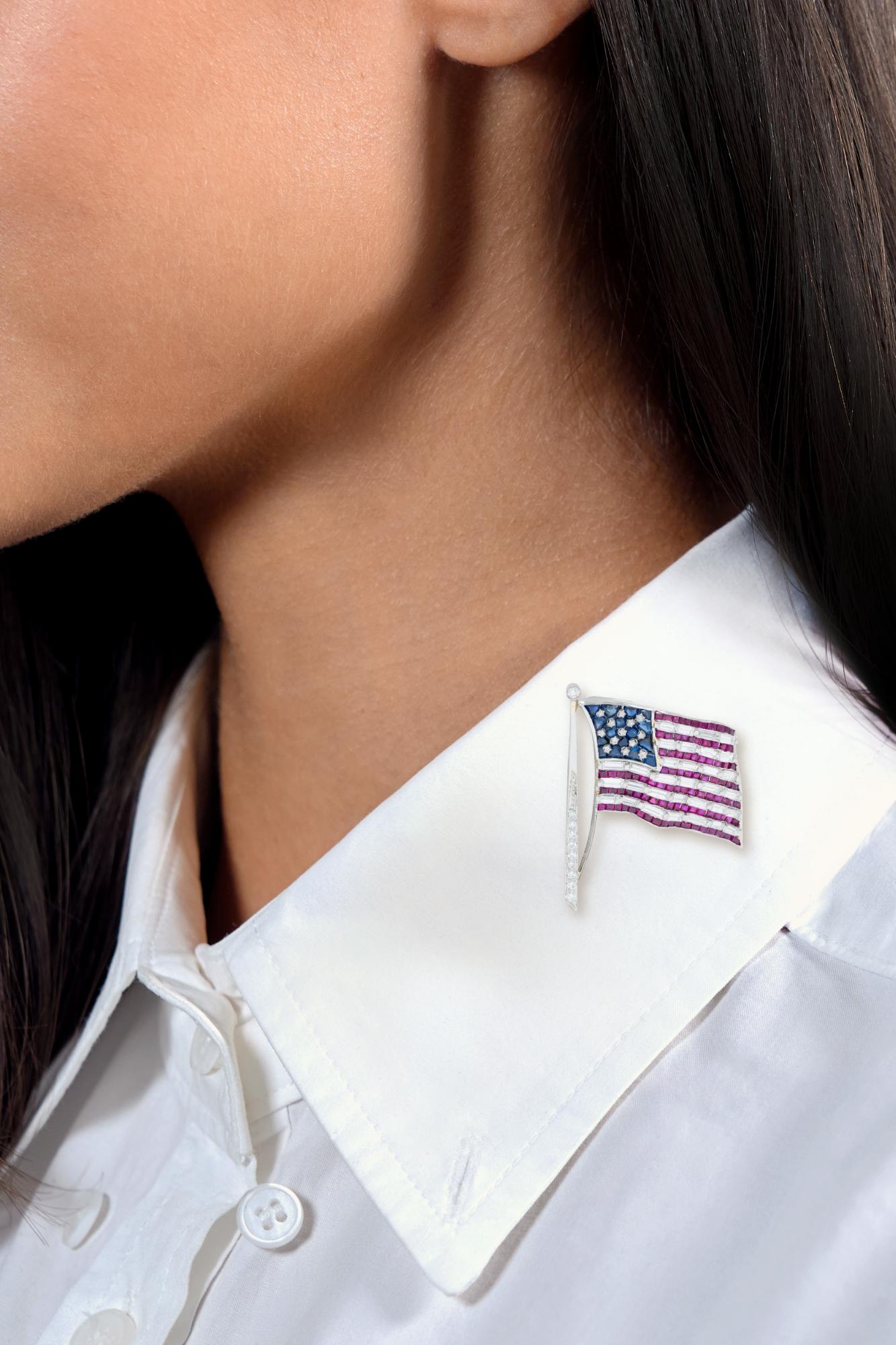 Oscar Heyman Ruby Sapphire Diamond Platinum Vintage American Flag Brooch