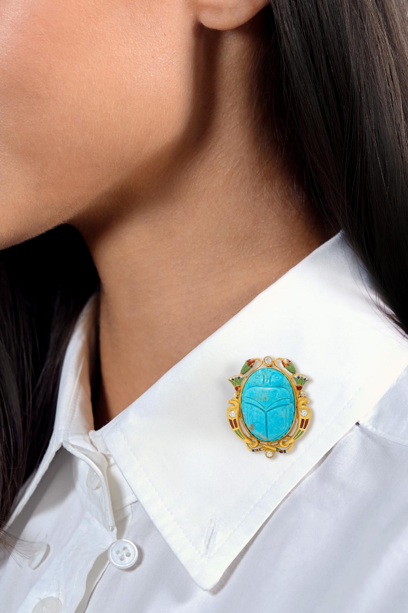 Art Deco Turquoise Diamond Enamel 14K Gold Antique Egyptian Scarab Brooch