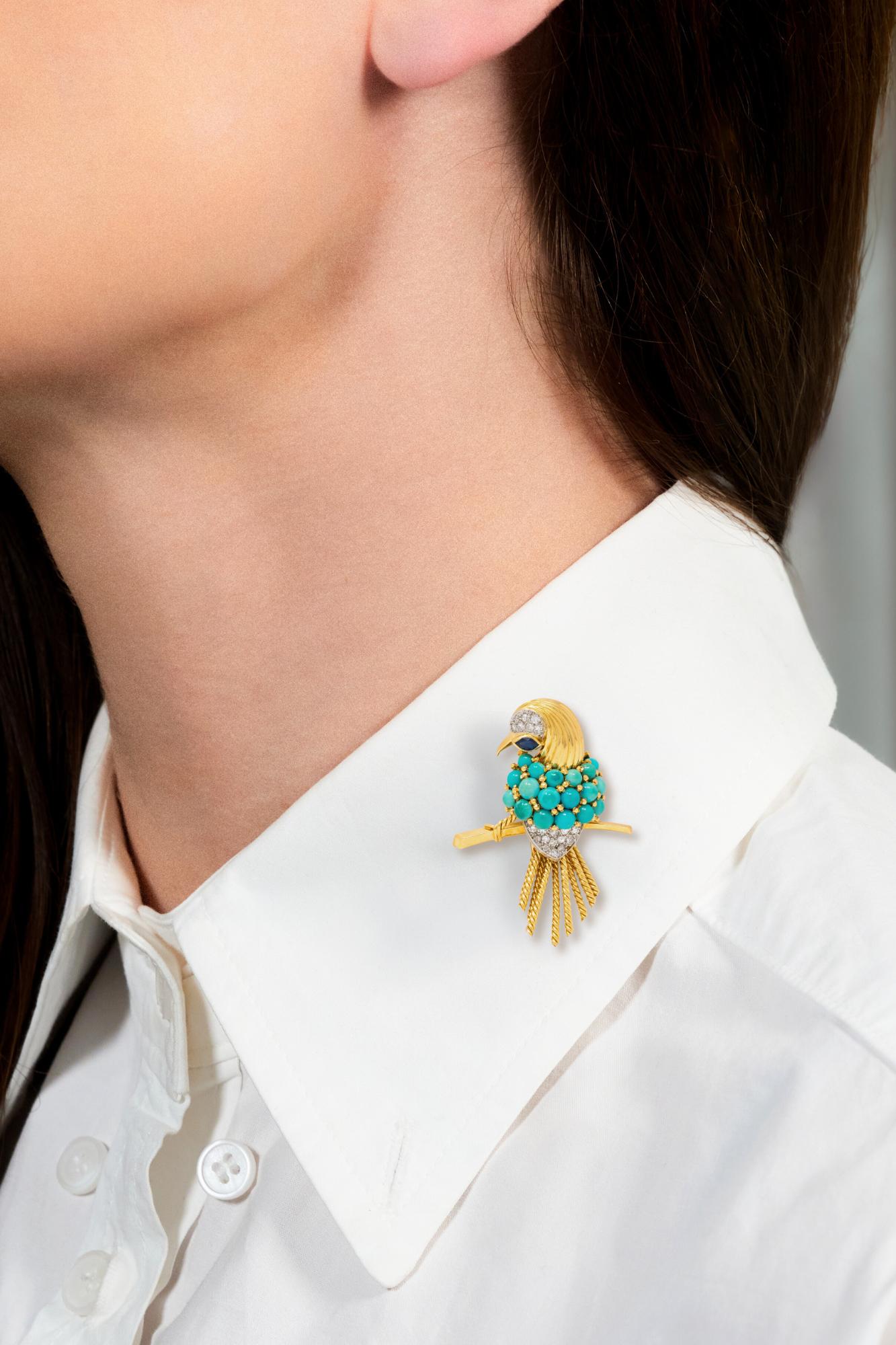 Boucheron Paris 1960s Turquoise Diamond 18K Gold Platinum Vintage Bird Brooch