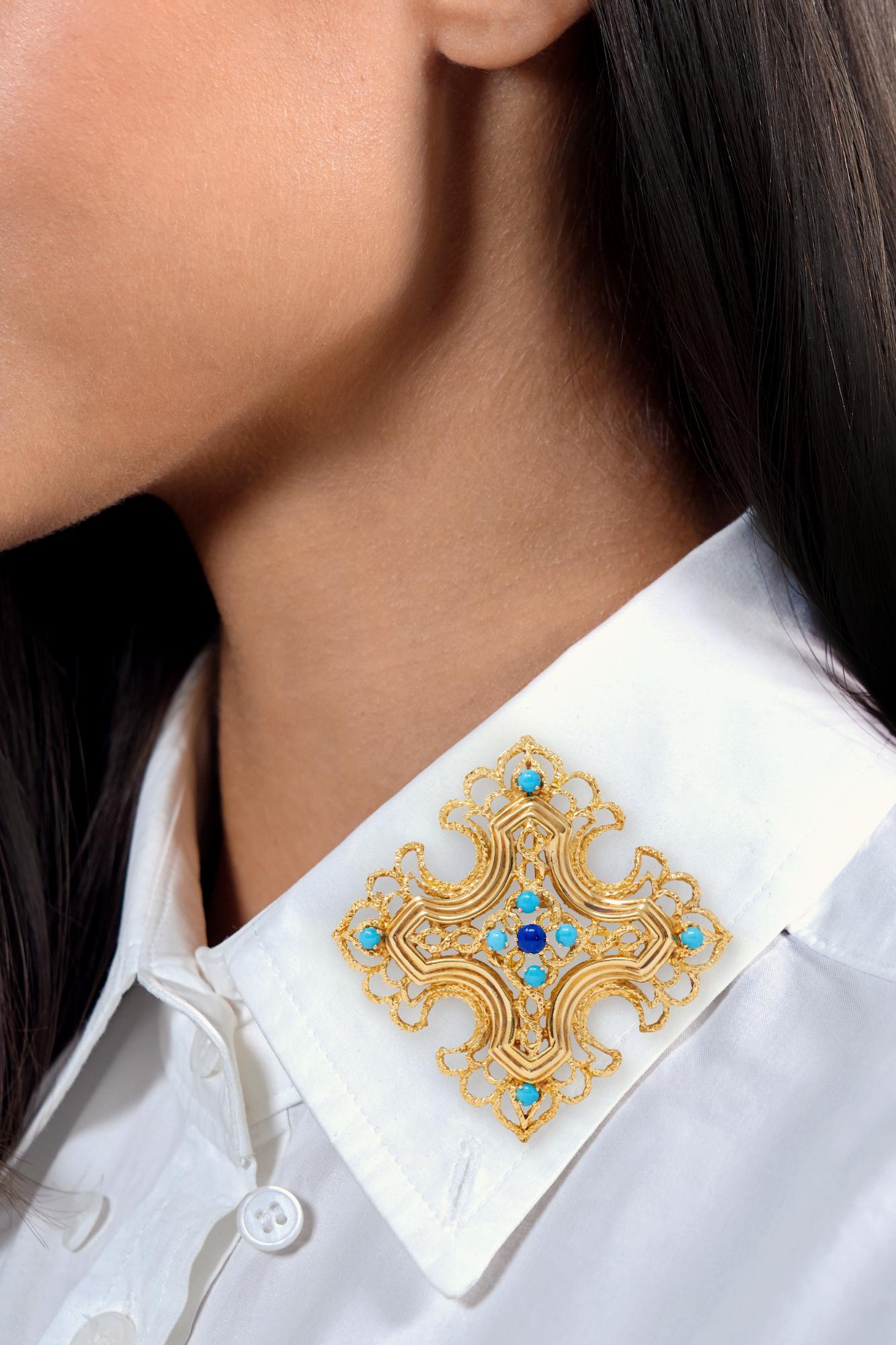 Tiffany & Co. 1960s Turquoise Lapis Lazuli 18K Gold Vintage Cross Pendant Brooch