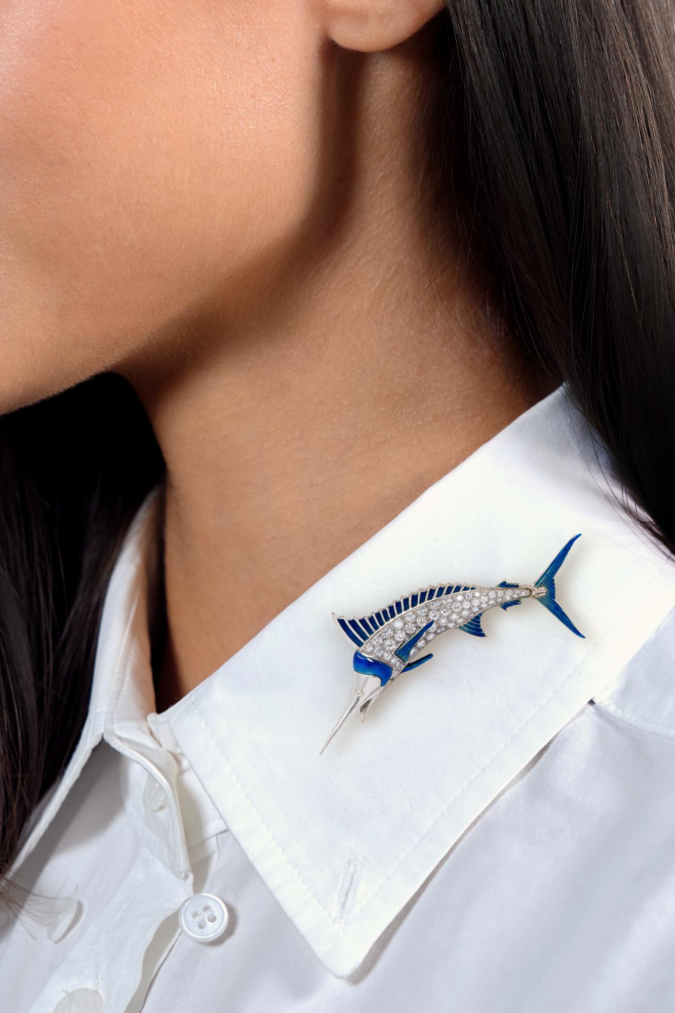 1950's Diamond Enamel 18 Karat White Gold Vintage Blue Marlin Fish Brooch