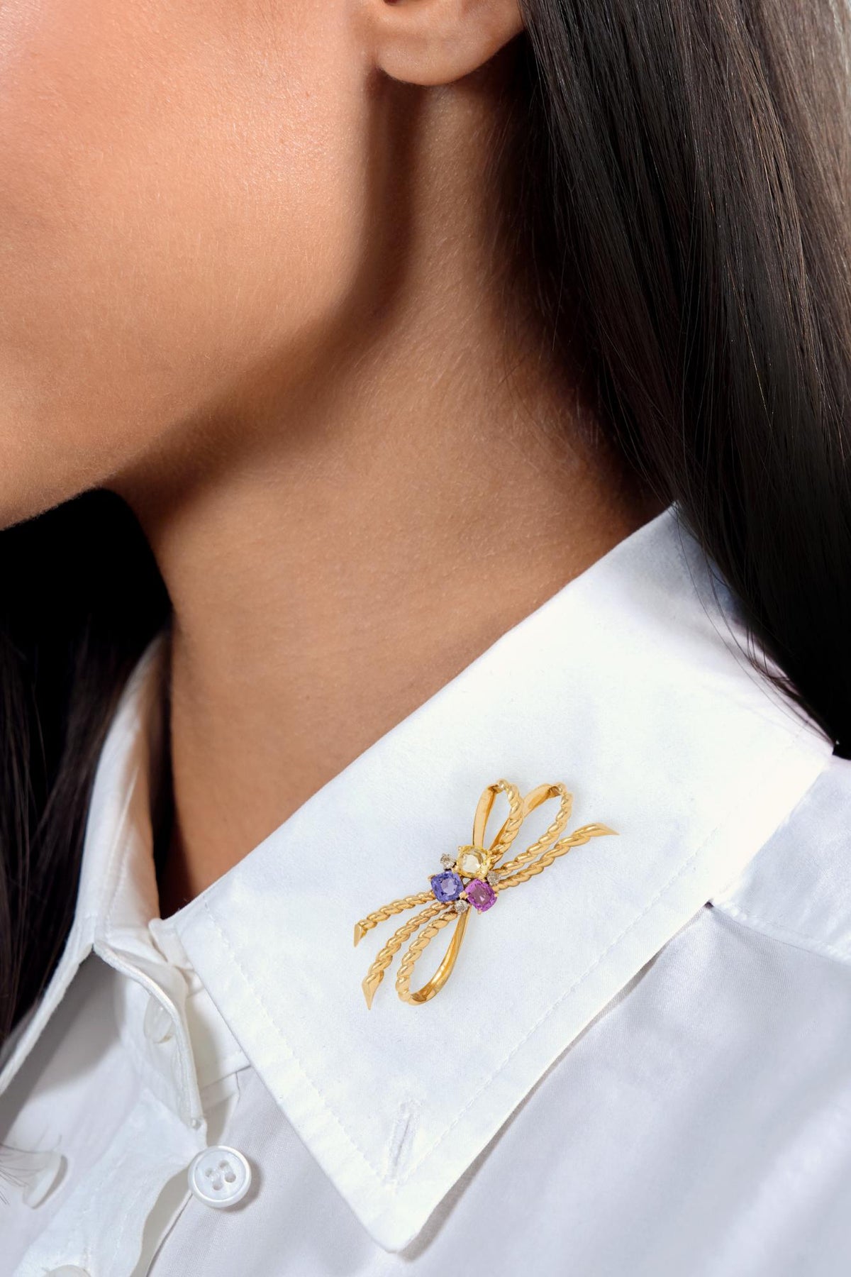1960's Diamond Sapphire 14K Yellow Gold Platinum Vintage Twisted Bow Brooch