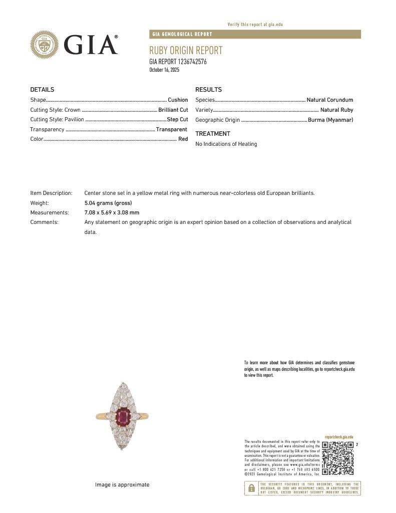 Edwardian Burma Ruby Diamond 18K Yellow Gold Antique Cluster Navette Ring