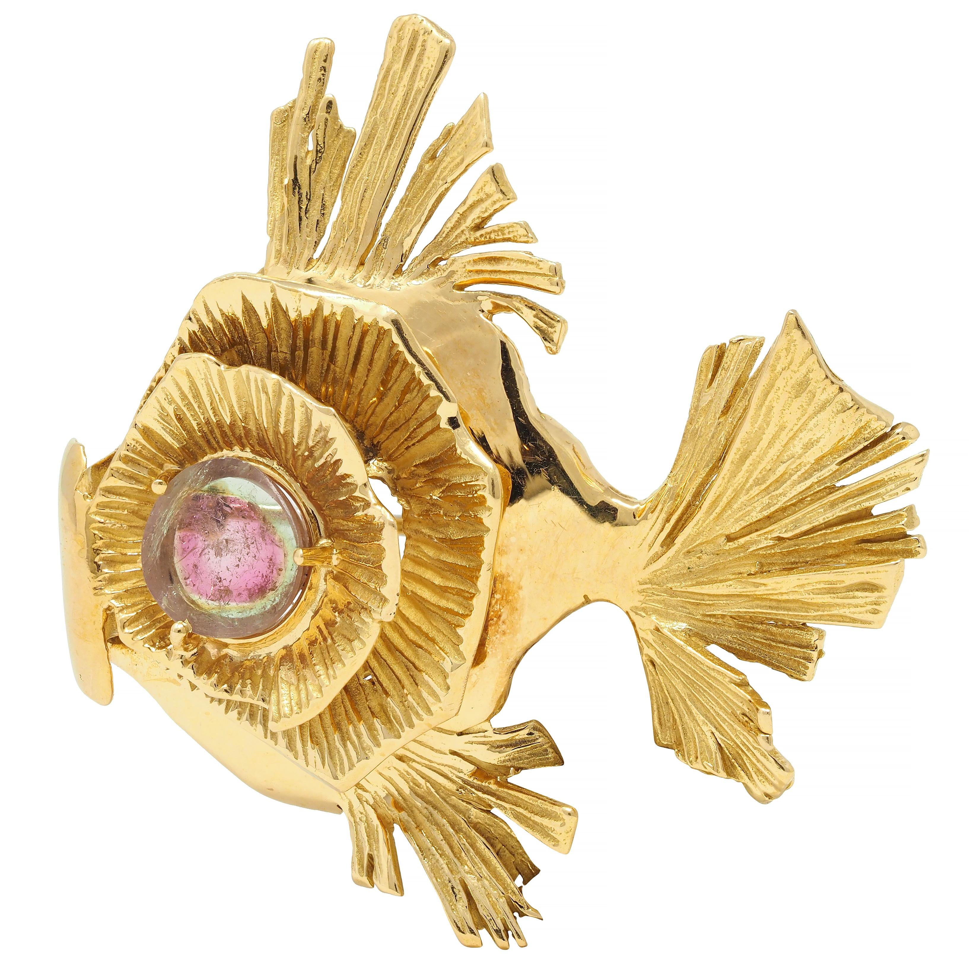 Gübelin 1960s Watermelon Tourmaline 18 Karat Yellow Gold Vintage Fish Brooch