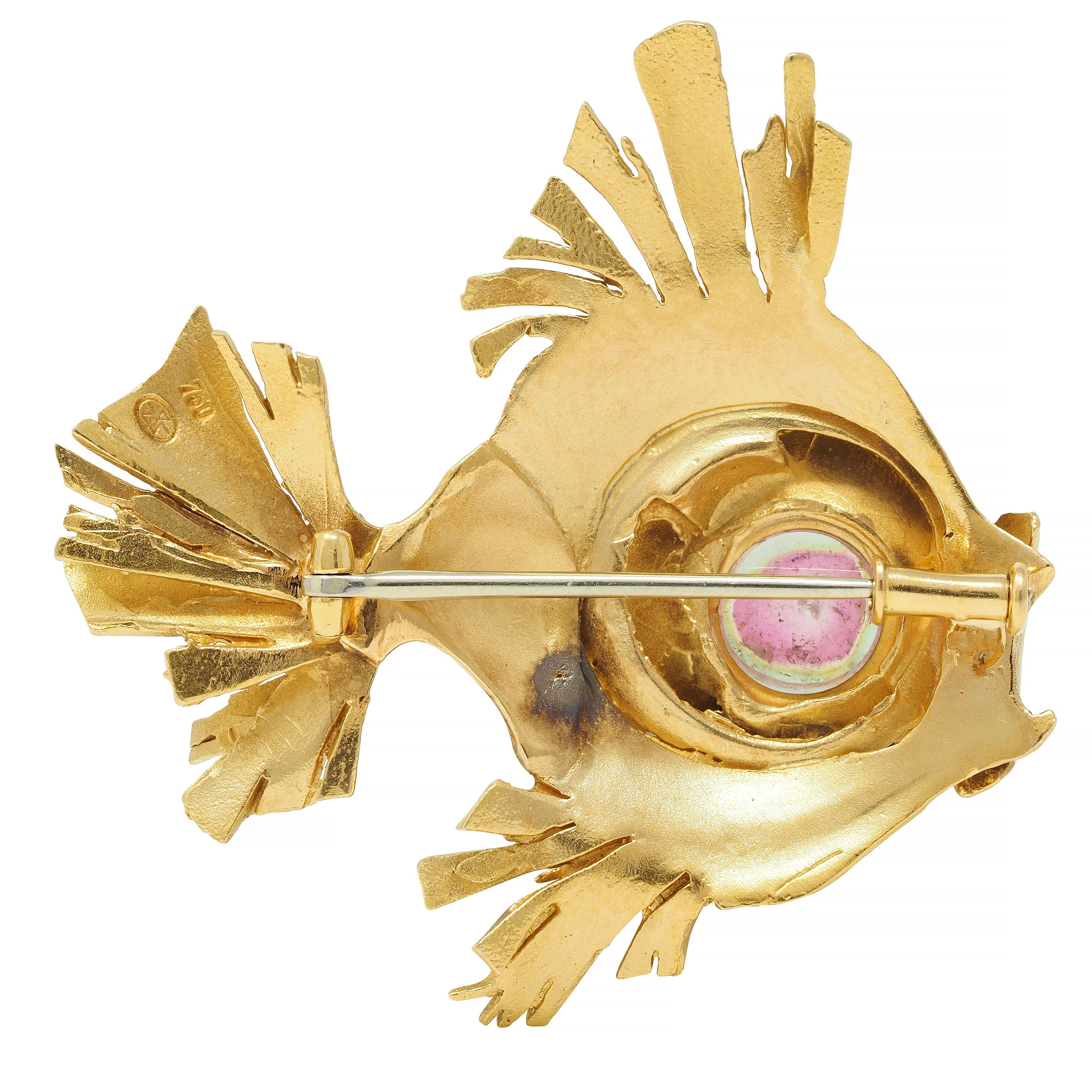 Gübelin 1960s Watermelon Tourmaline 18 Karat Yellow Gold Vintage Fish Brooch