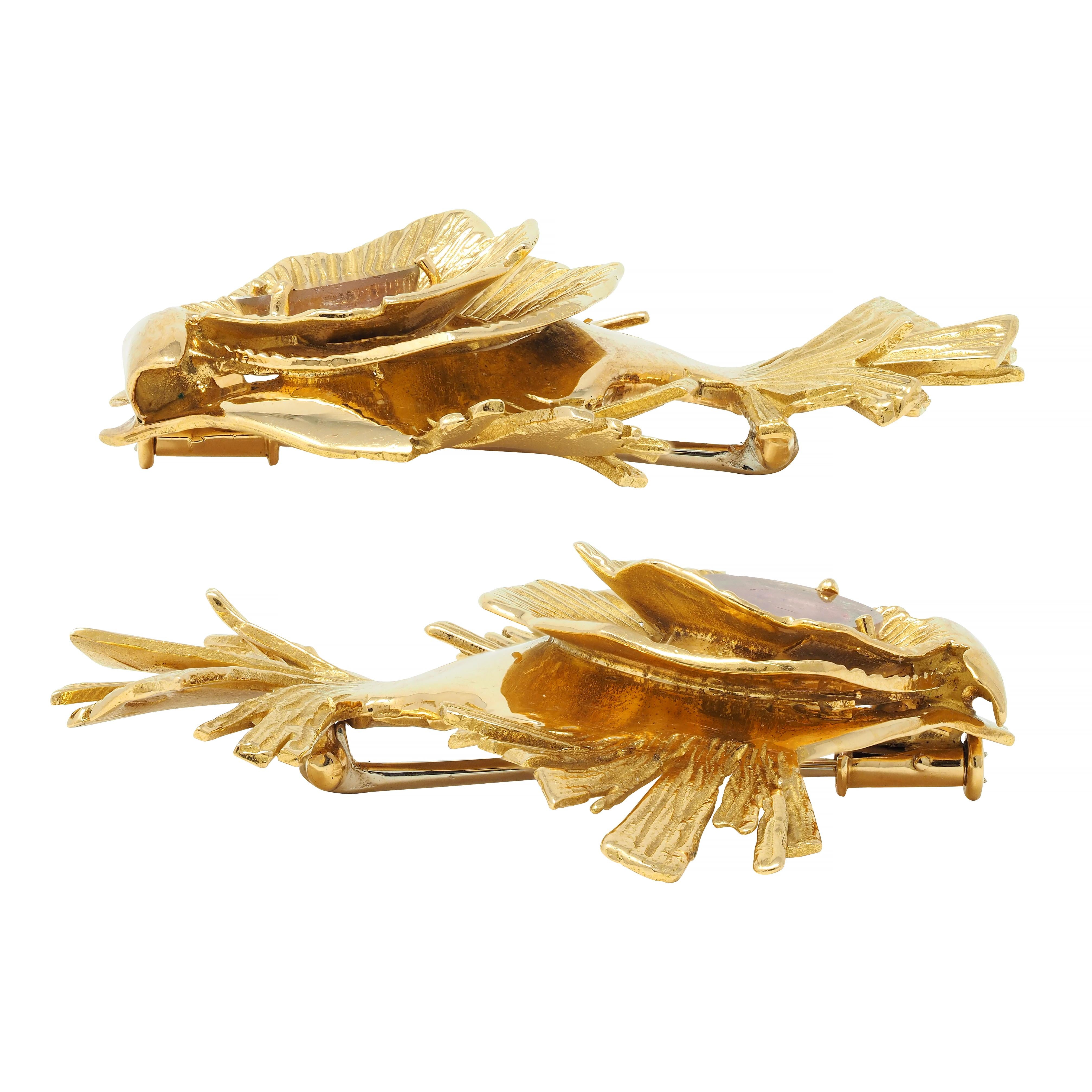 Gübelin 1960s Watermelon Tourmaline 18 Karat Yellow Gold Vintage Fish Brooch