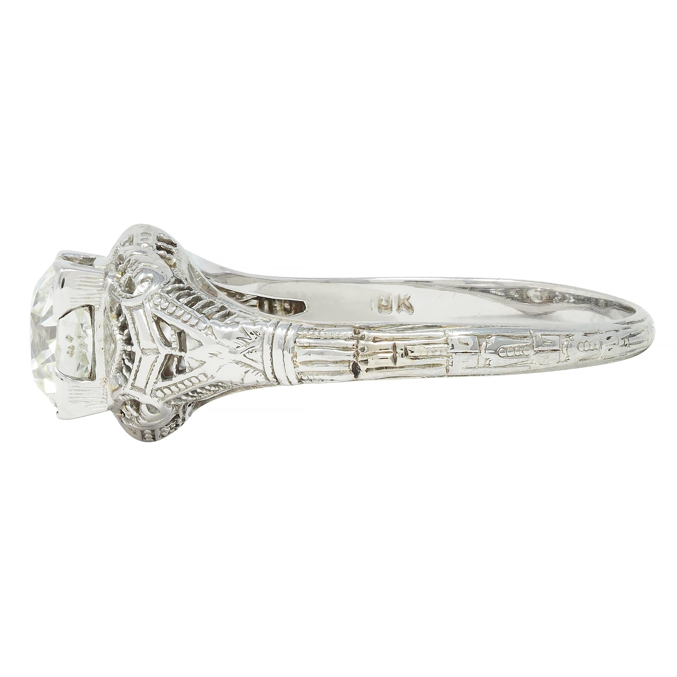 Art Deco 1.01 CTW European Diamond 18 Karat White Gold Antique Engagement Ring