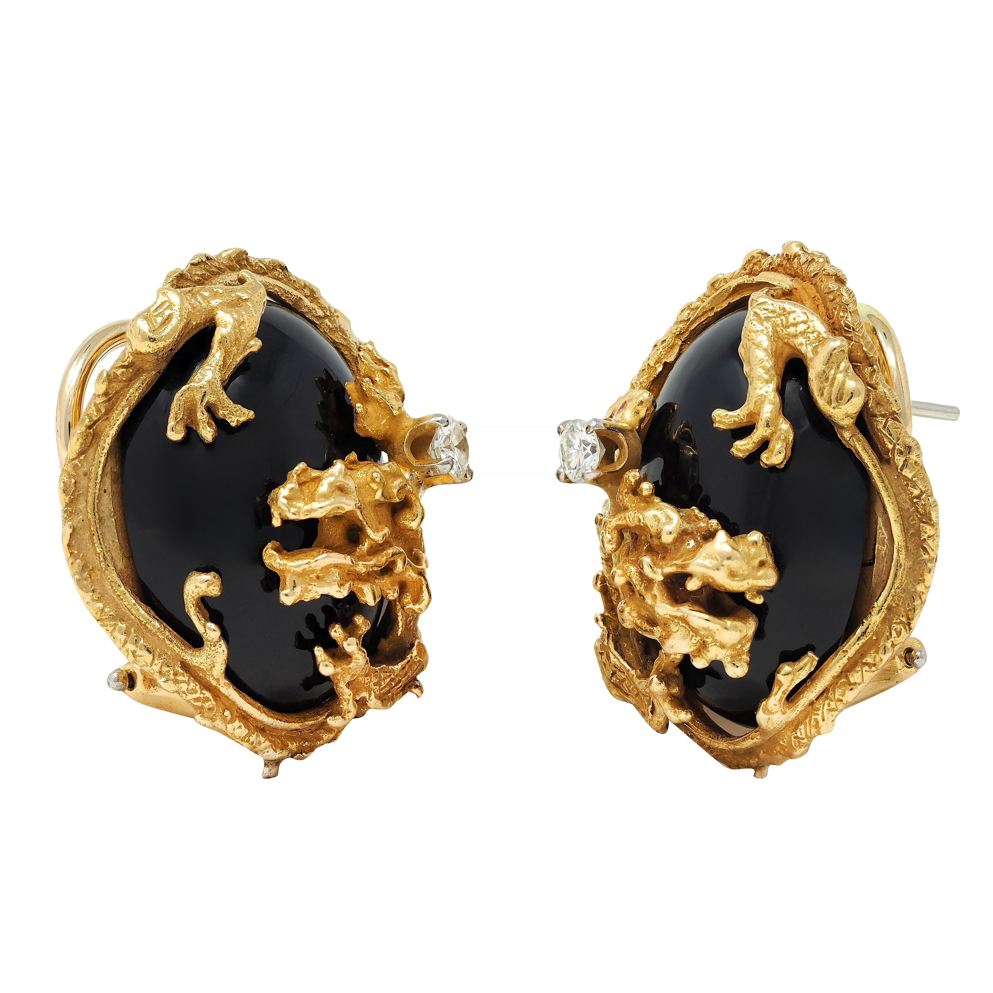 Erwin Pearl 1970's Diamond Onyx 18 Karat Gold Dragon Vintage Earrings