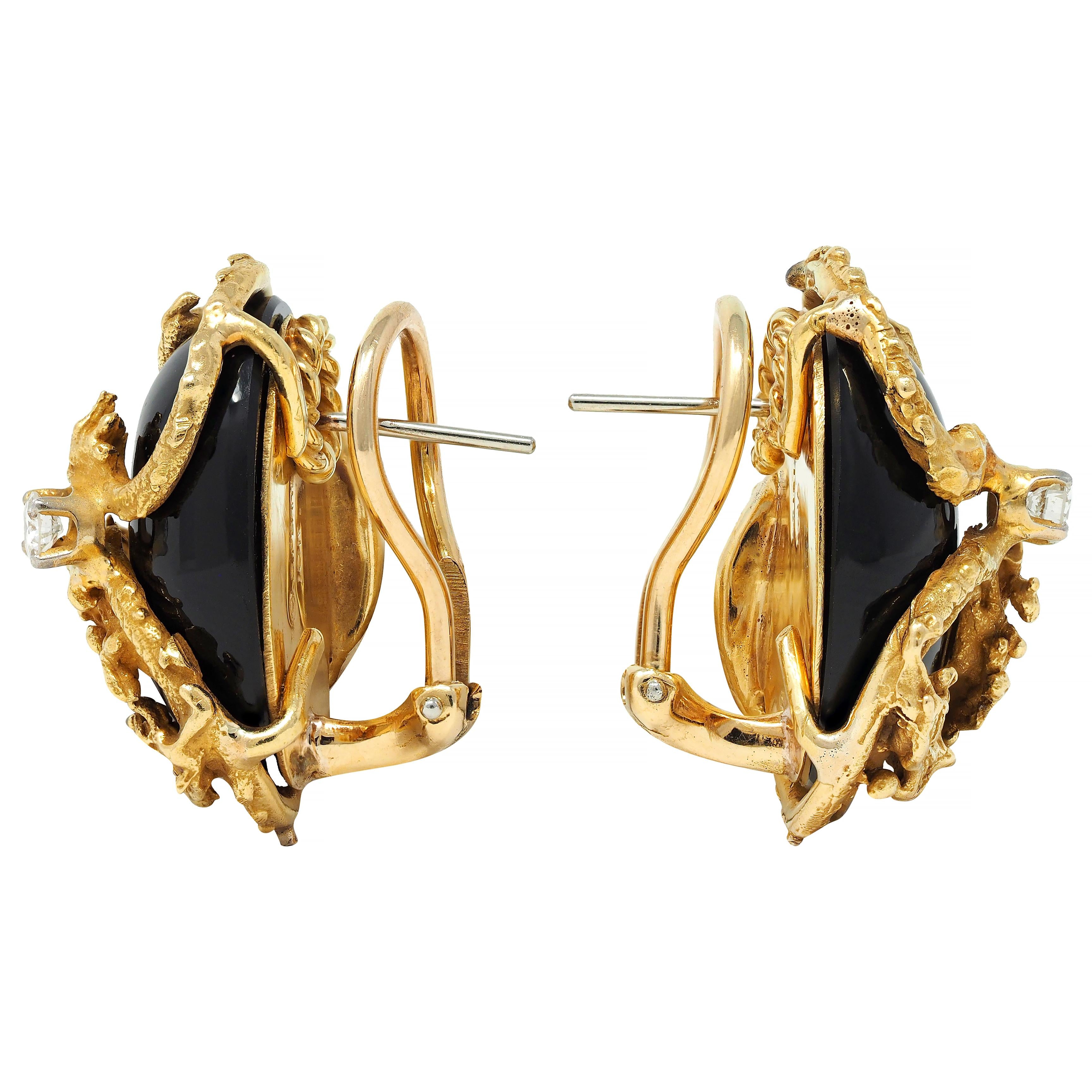 Erwin Pearl 1970's Diamond Onyx 18 Karat Gold Dragon Vintage Earrings