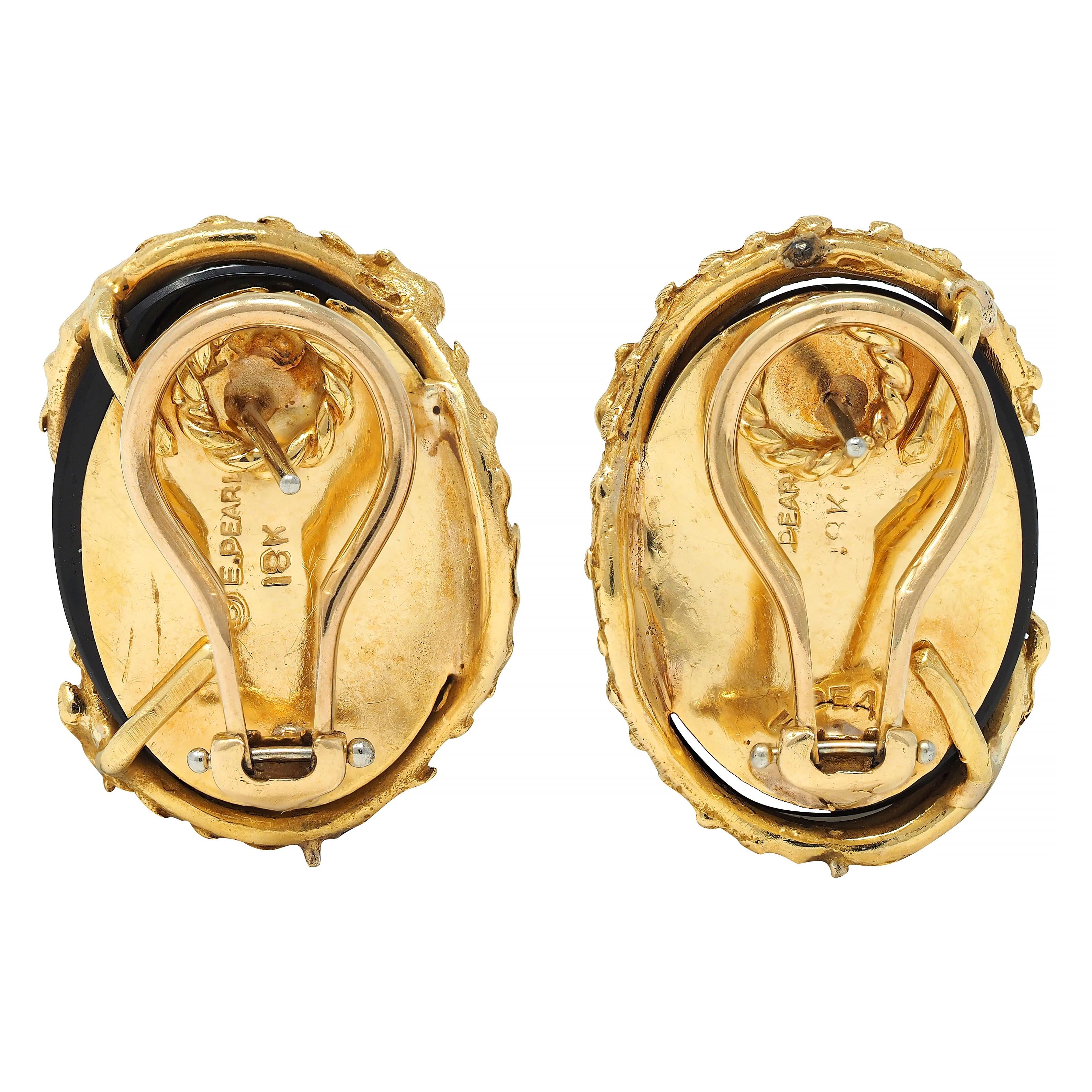 Erwin Pearl 1970's Diamond Onyx 18 Karat Gold Dragon Vintage Earrings