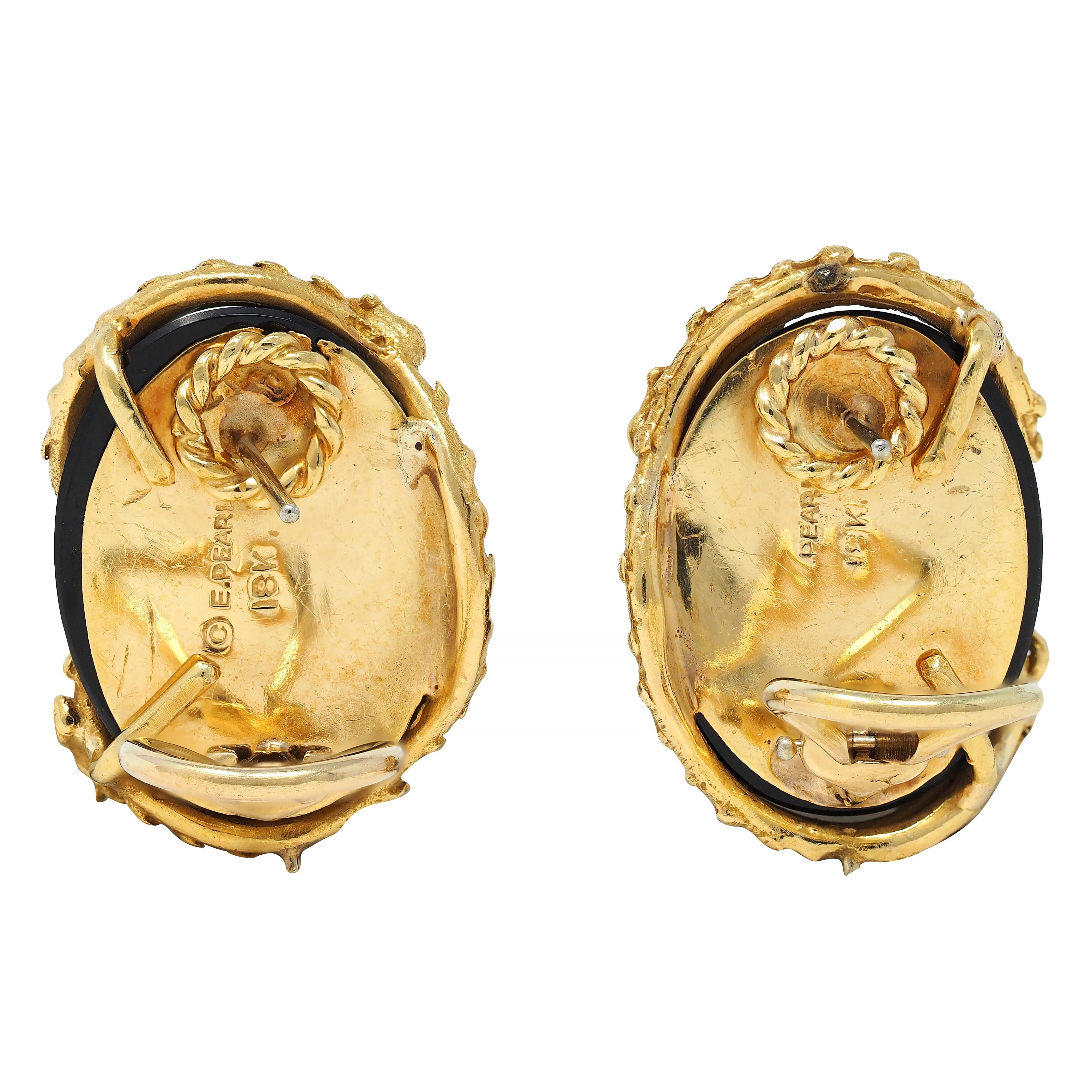 Erwin Pearl 1970's Diamond Onyx 18 Karat Gold Dragon Vintage Earrings