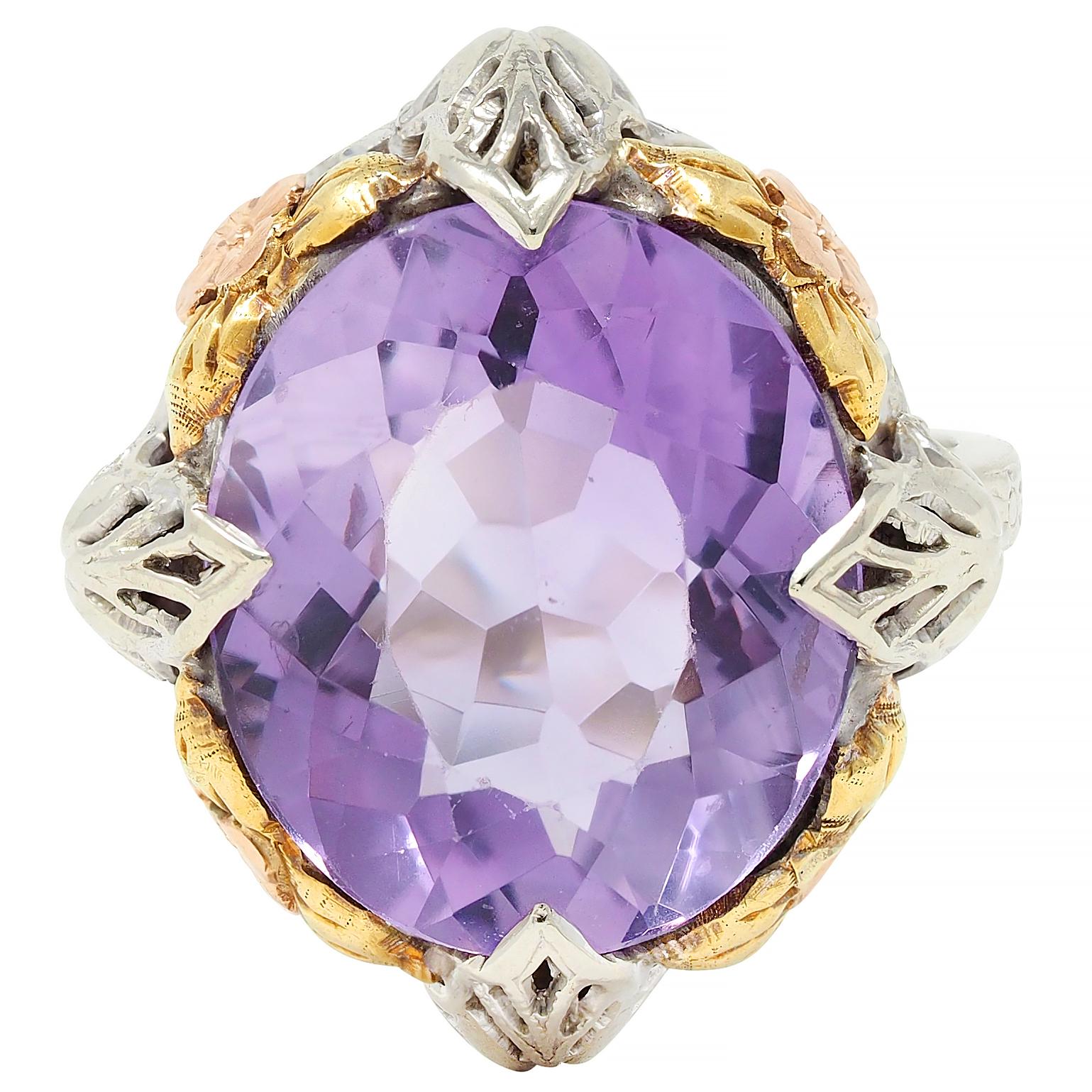 Art Deco Amethyst 14 Karat Tri-Gold Vintage Orange Blossom Cocktail Ring