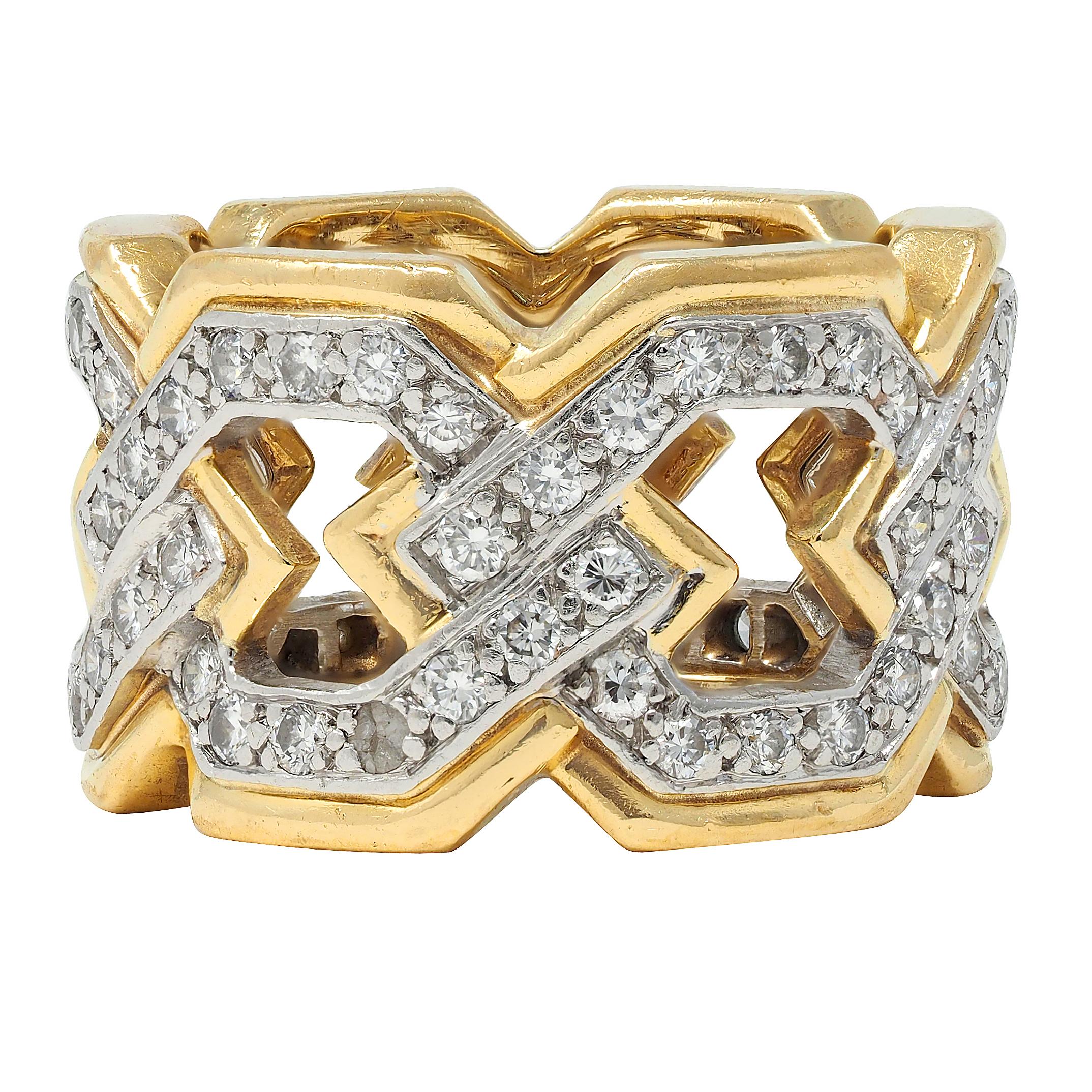 David Webb 1970's Diamond Platinum 18K Gold Curb Link Vintage Band Ring