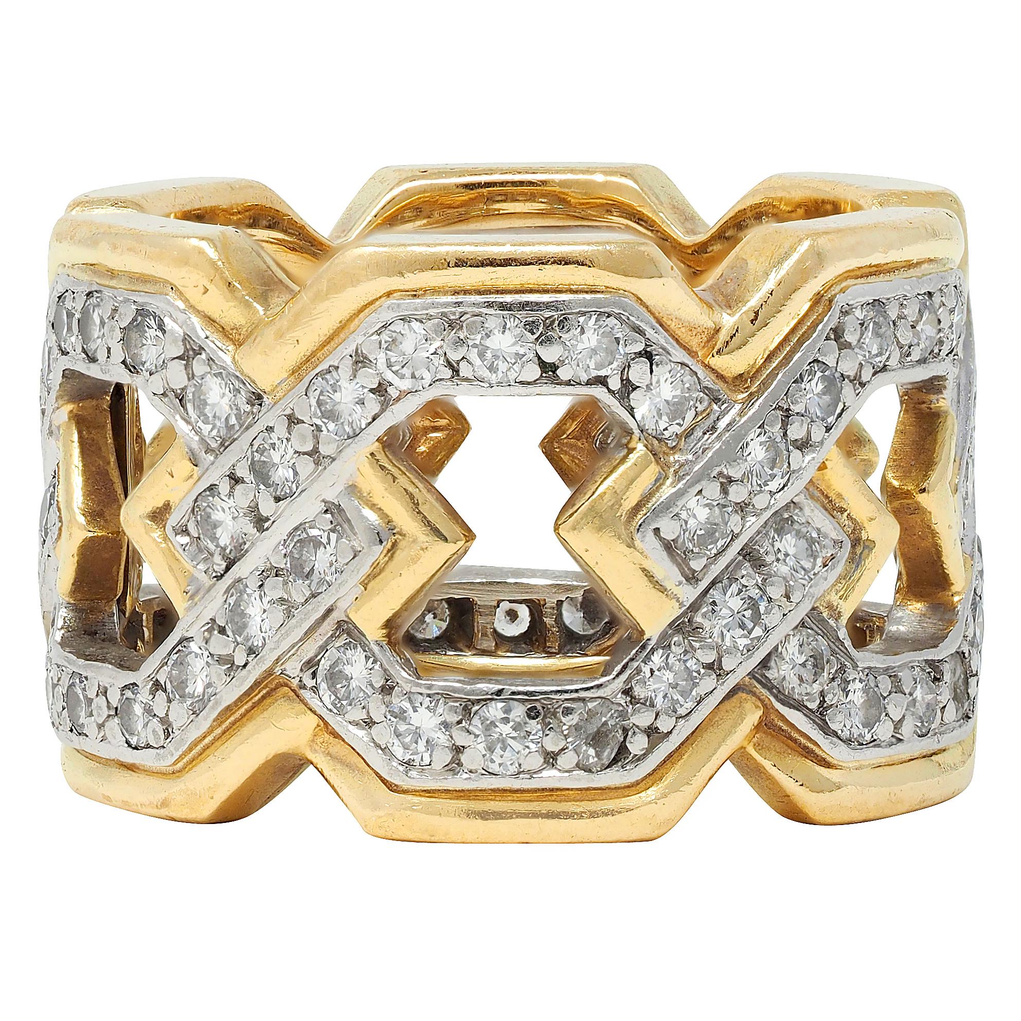 David Webb 1970's Diamond Platinum 18K Gold Curb Link Vintage Band Ring