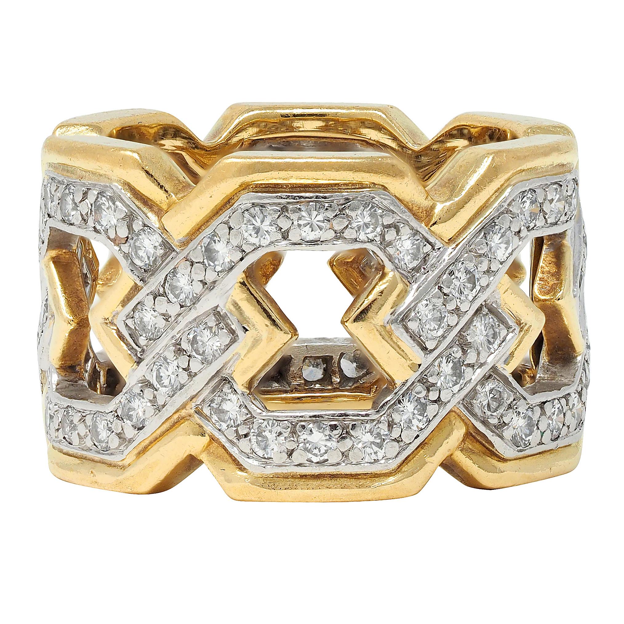 David Webb 1970's Diamond Platinum 18K Gold Curb Link Vintage Band Ring