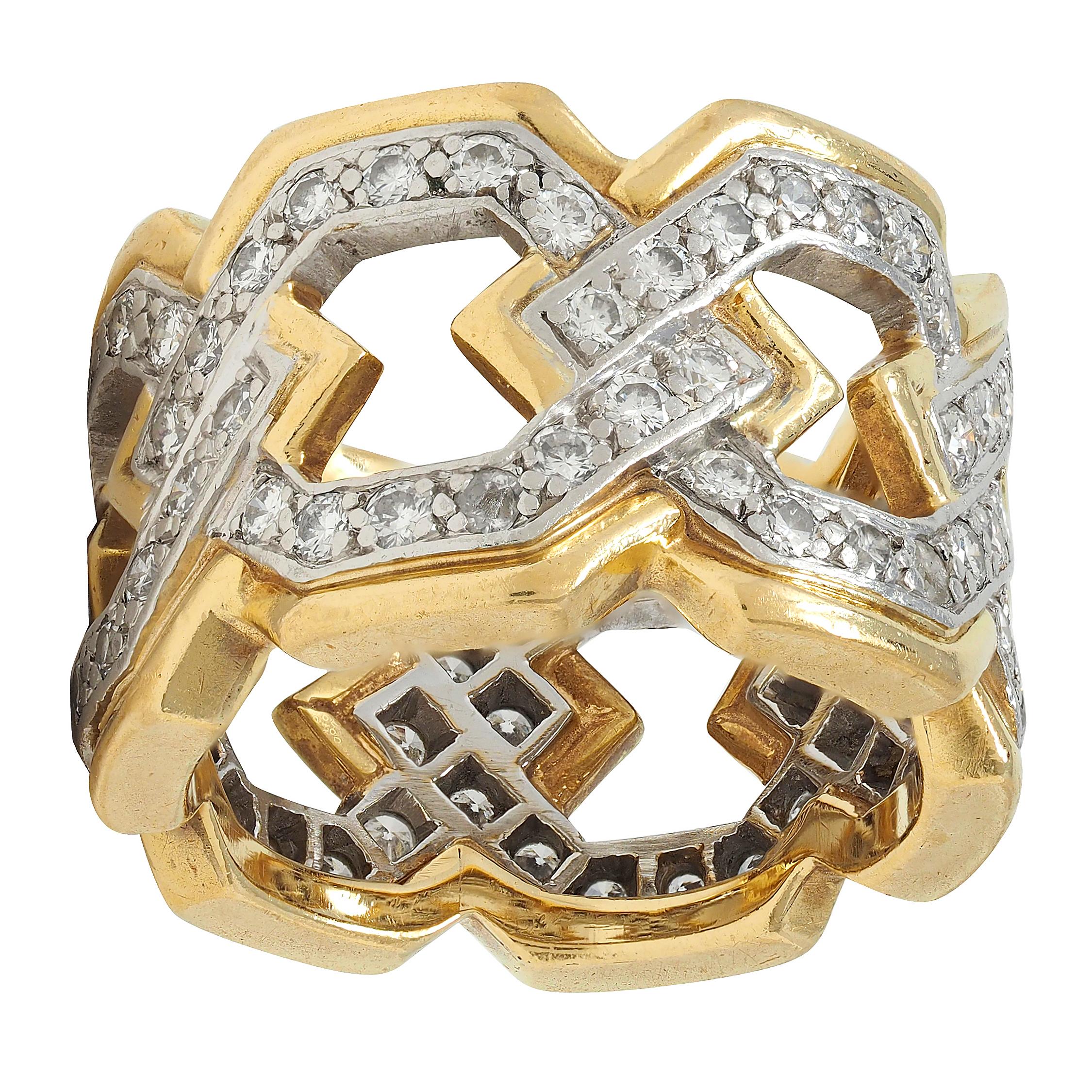 David Webb 1970's Diamond Platinum 18K Gold Curb Link Vintage Band Ring