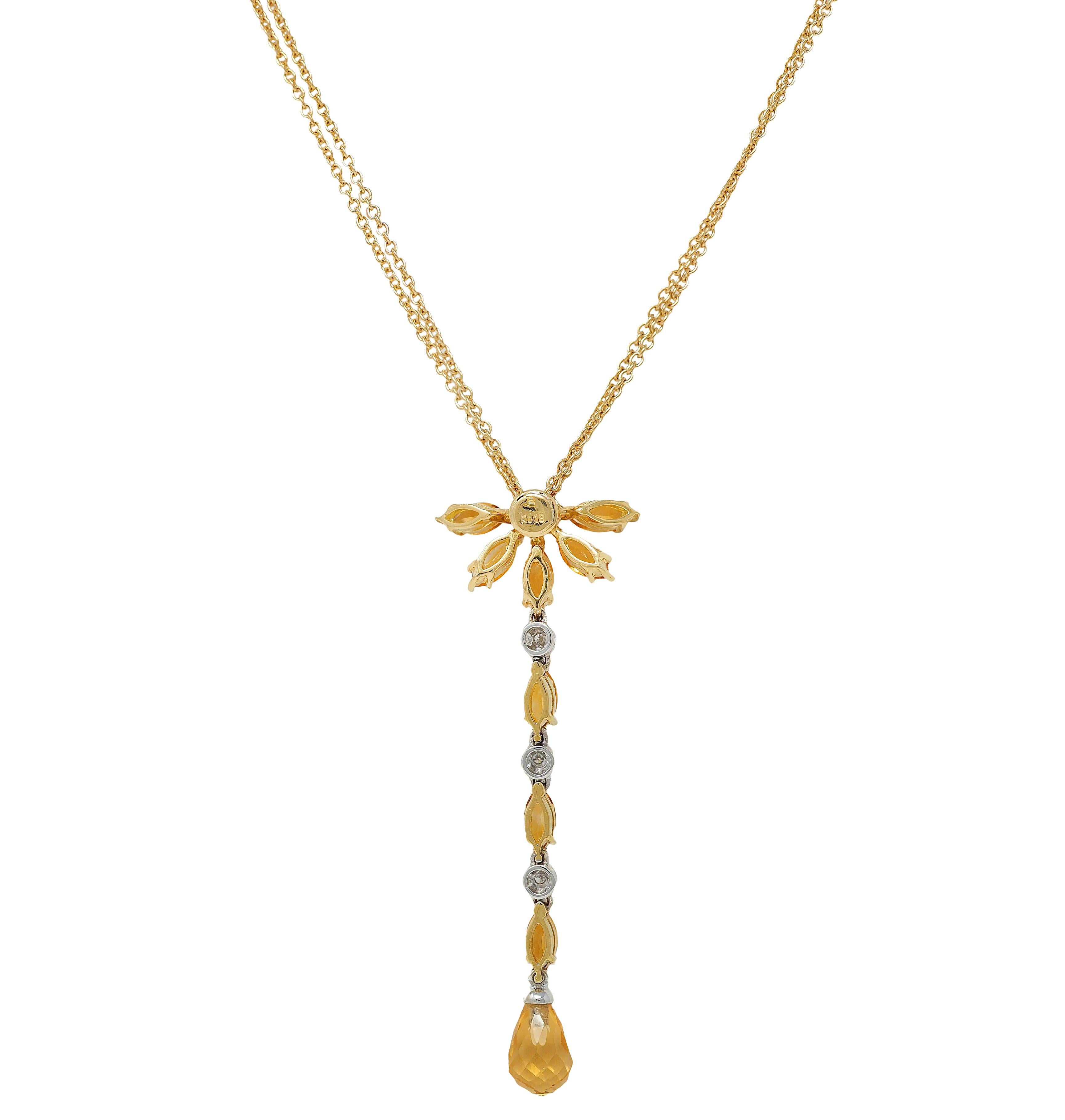 Contemporary 1.50 CTW Citrine Diamond 18 Karat Two-Tone Gold Drop Necklace
