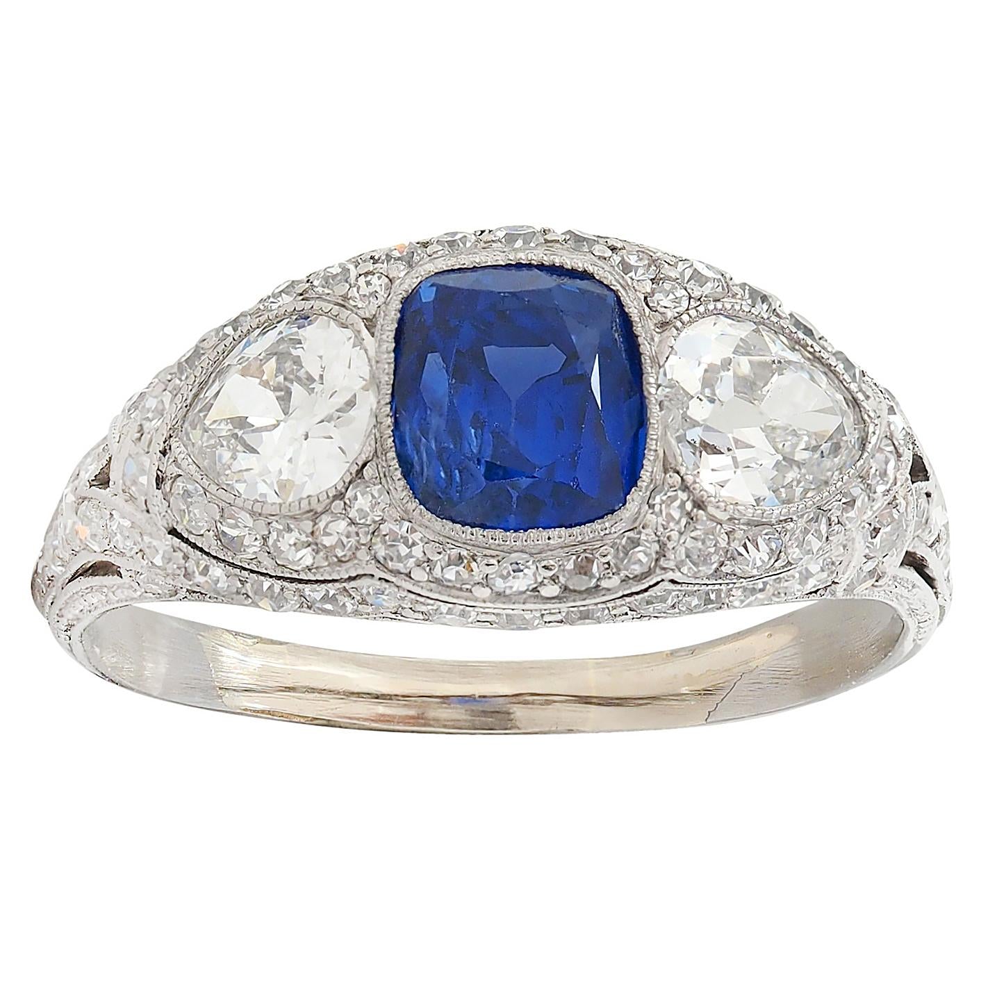 Art Deco 2.85 CTW No Heat Ceylon Sapphire Diamond Platinum Vintage Bombé Ring