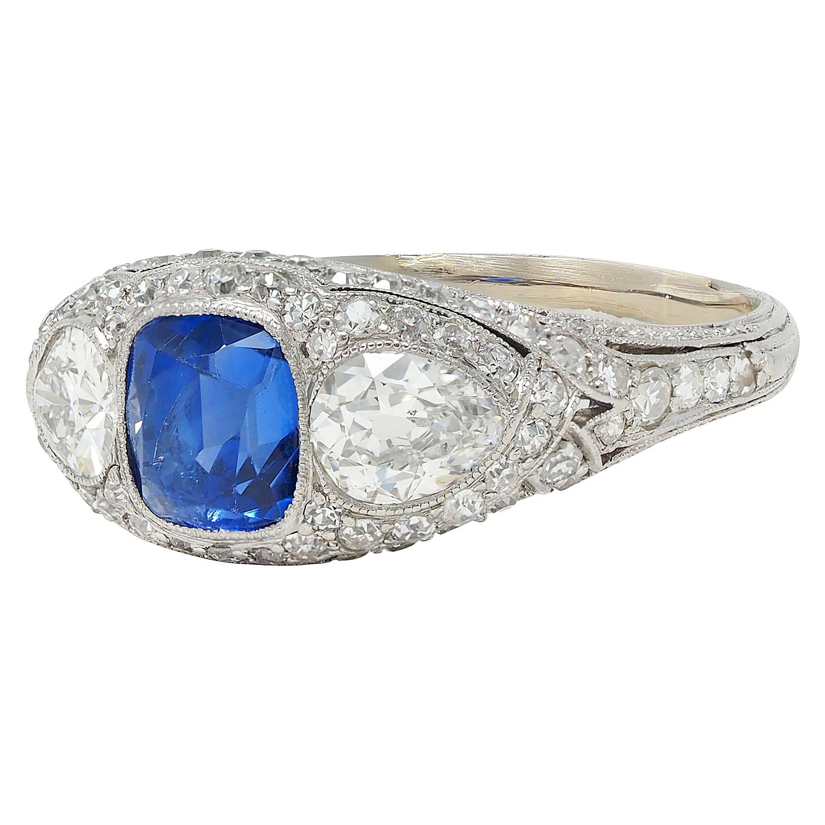 Art Deco 2.85 CTW No Heat Ceylon Sapphire Diamond Platinum Vintage Bombé Ring