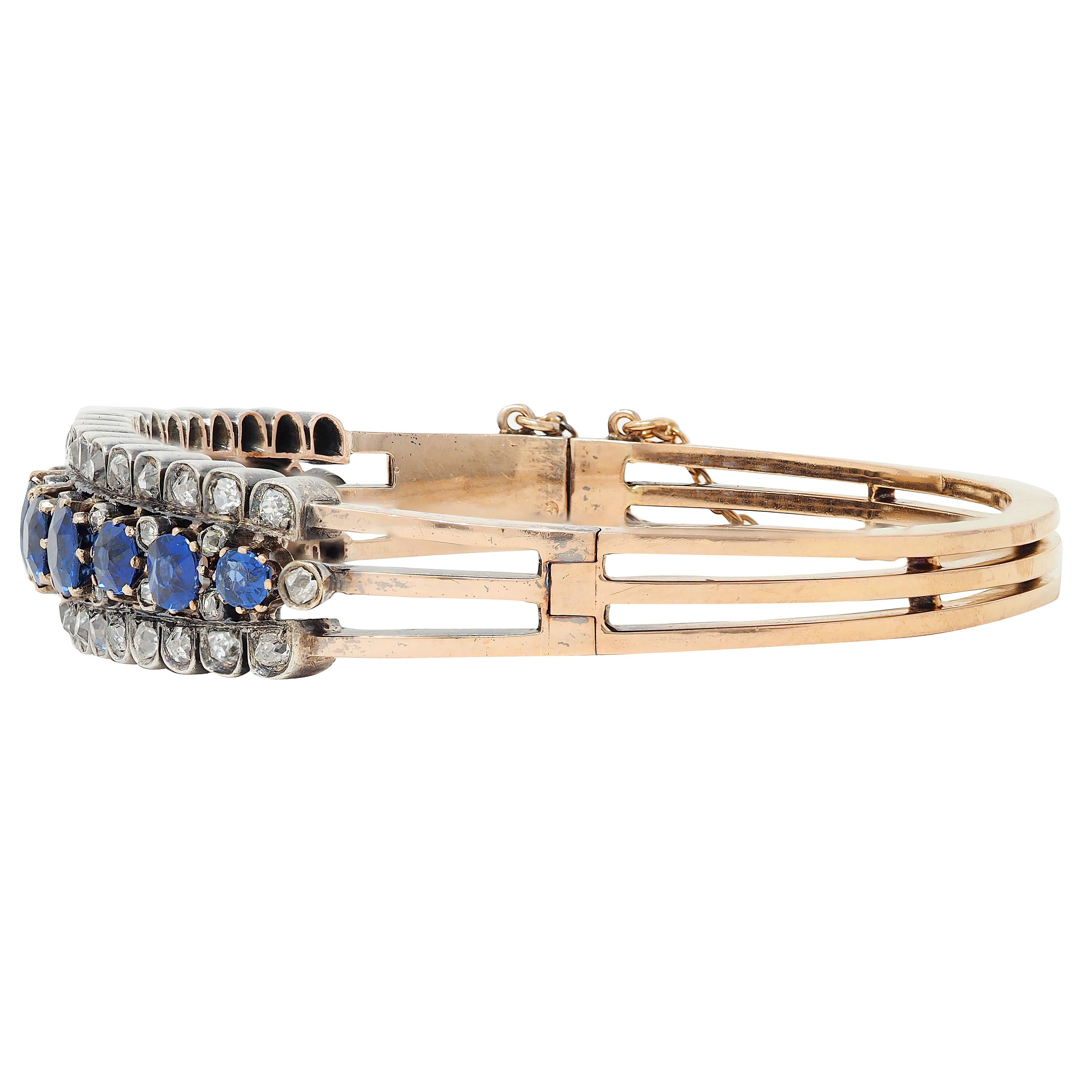 Victorian 8.51 CTW Sapphire Diamond 18K Gold Silver Antique Bangle Bracelet