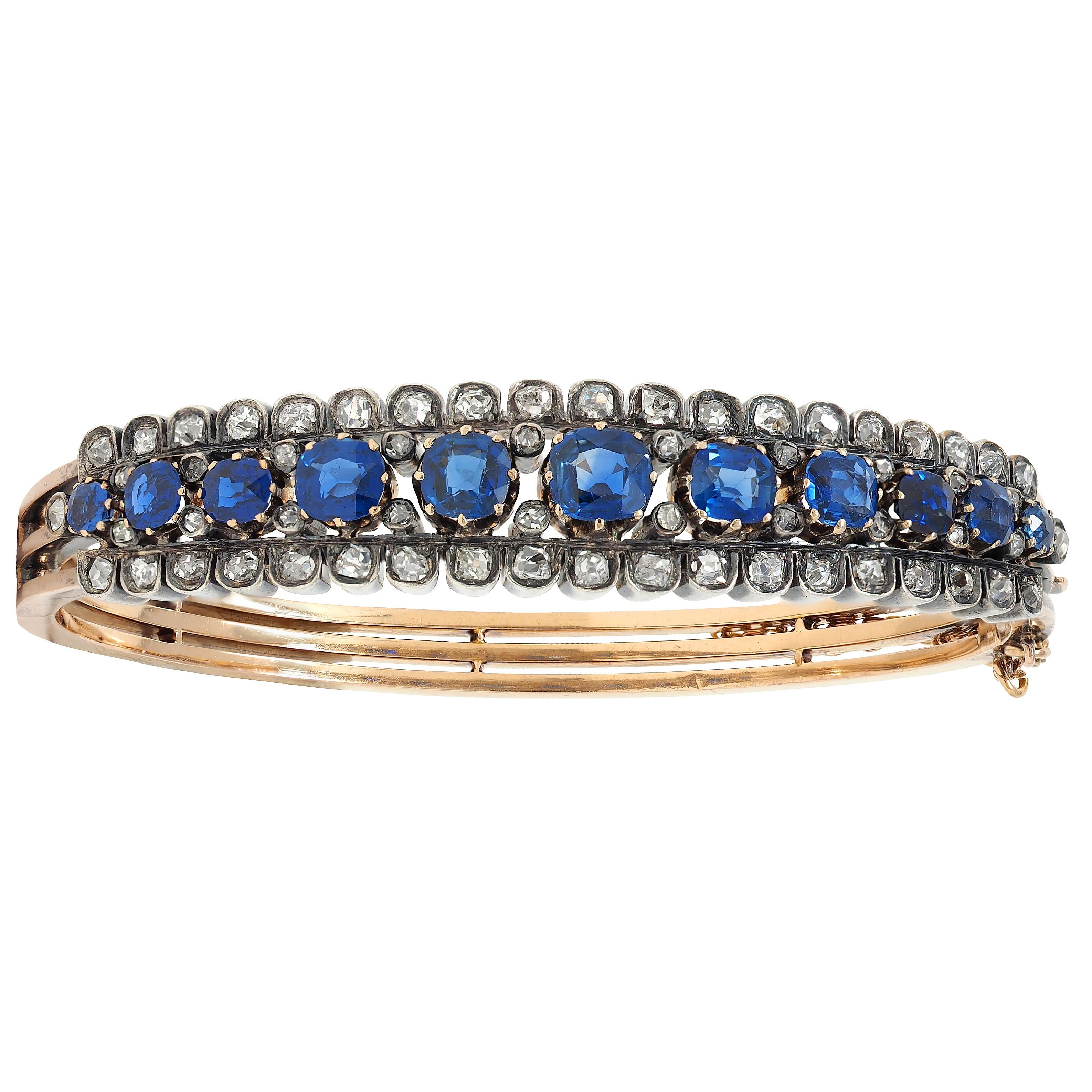 Victorian 8.51 CTW Sapphire Diamond 18K Gold Silver Antique Bangle Bracelet