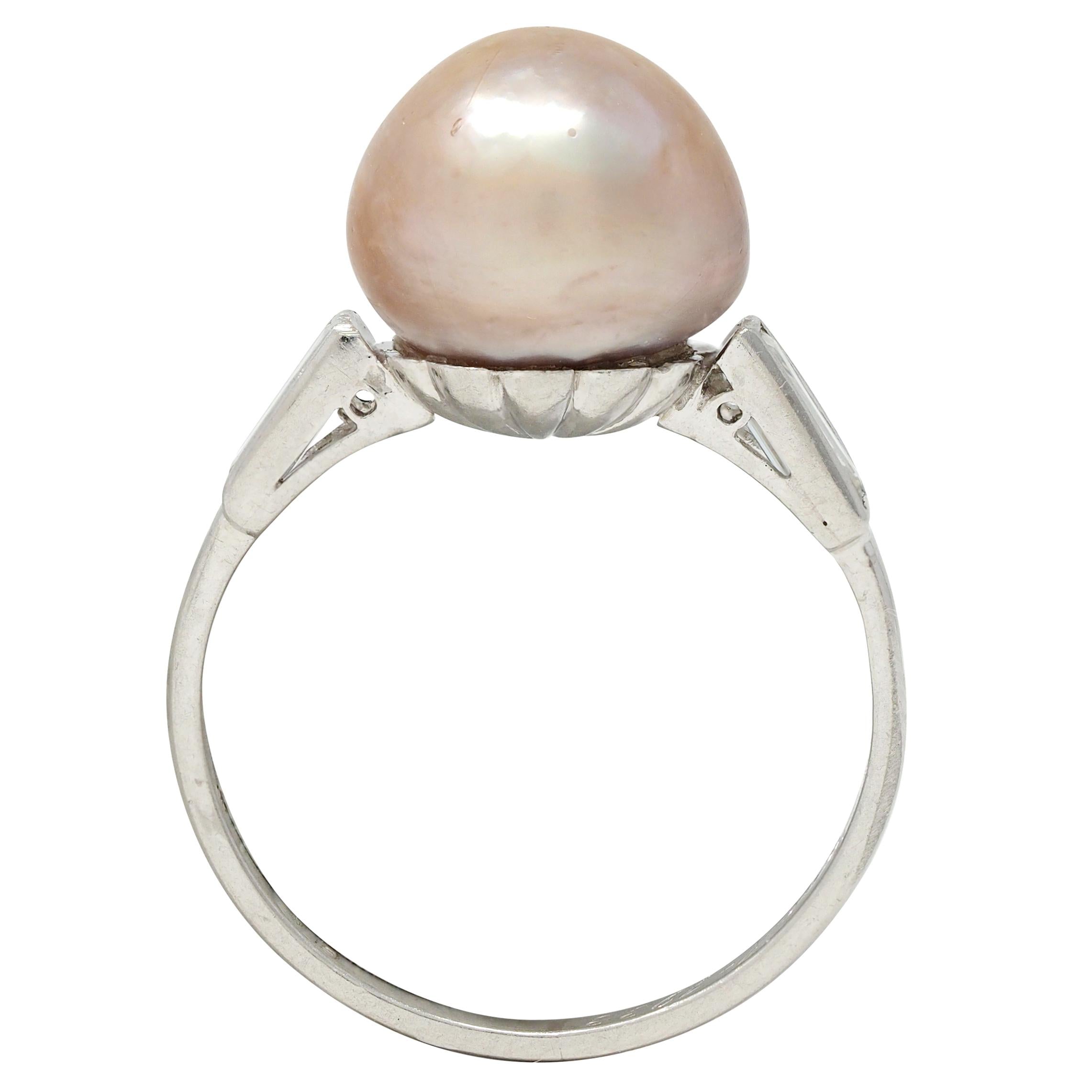 Art Deco 1933 Natural Saltwater Pearl Diamond Platinum Vintage Cocktail Ring