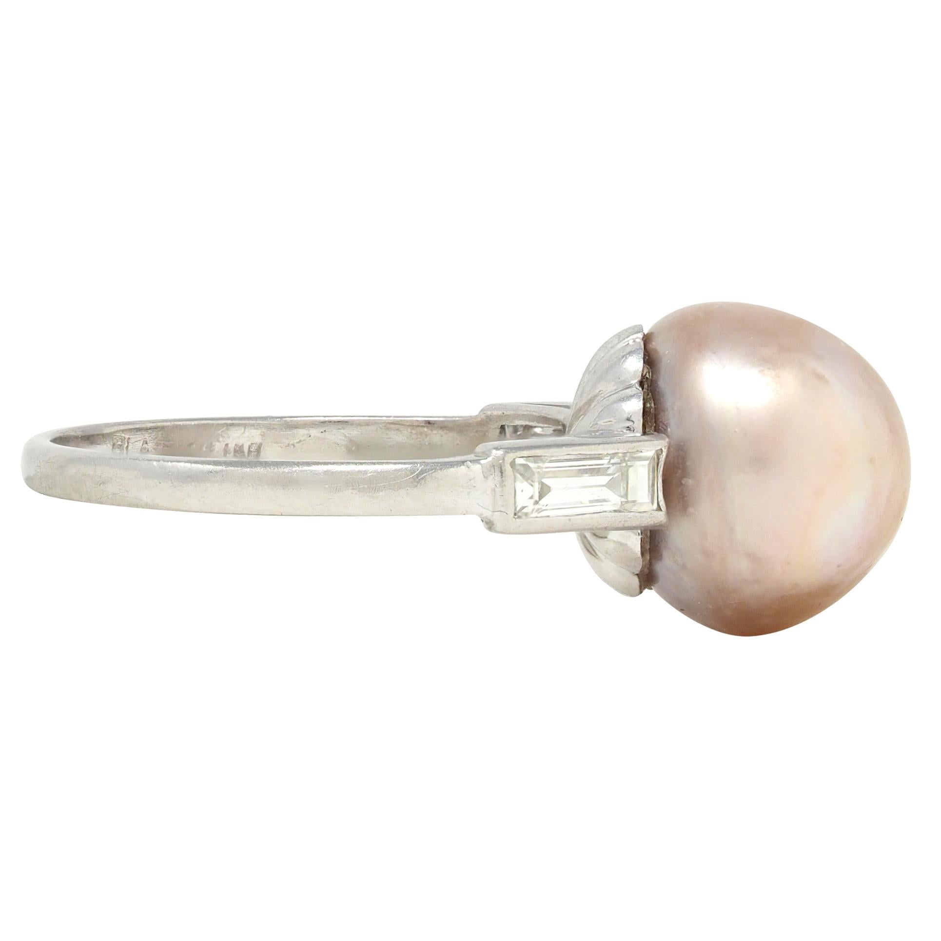 Art Deco 1933 Natural Saltwater Pearl Diamond Platinum Vintage Cocktail Ring
