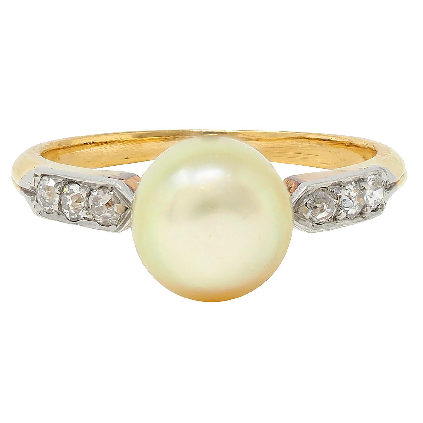 Edwardian Natural Saltwater Pearl Diamond Platinum 18K Gold Antique Ring GIA