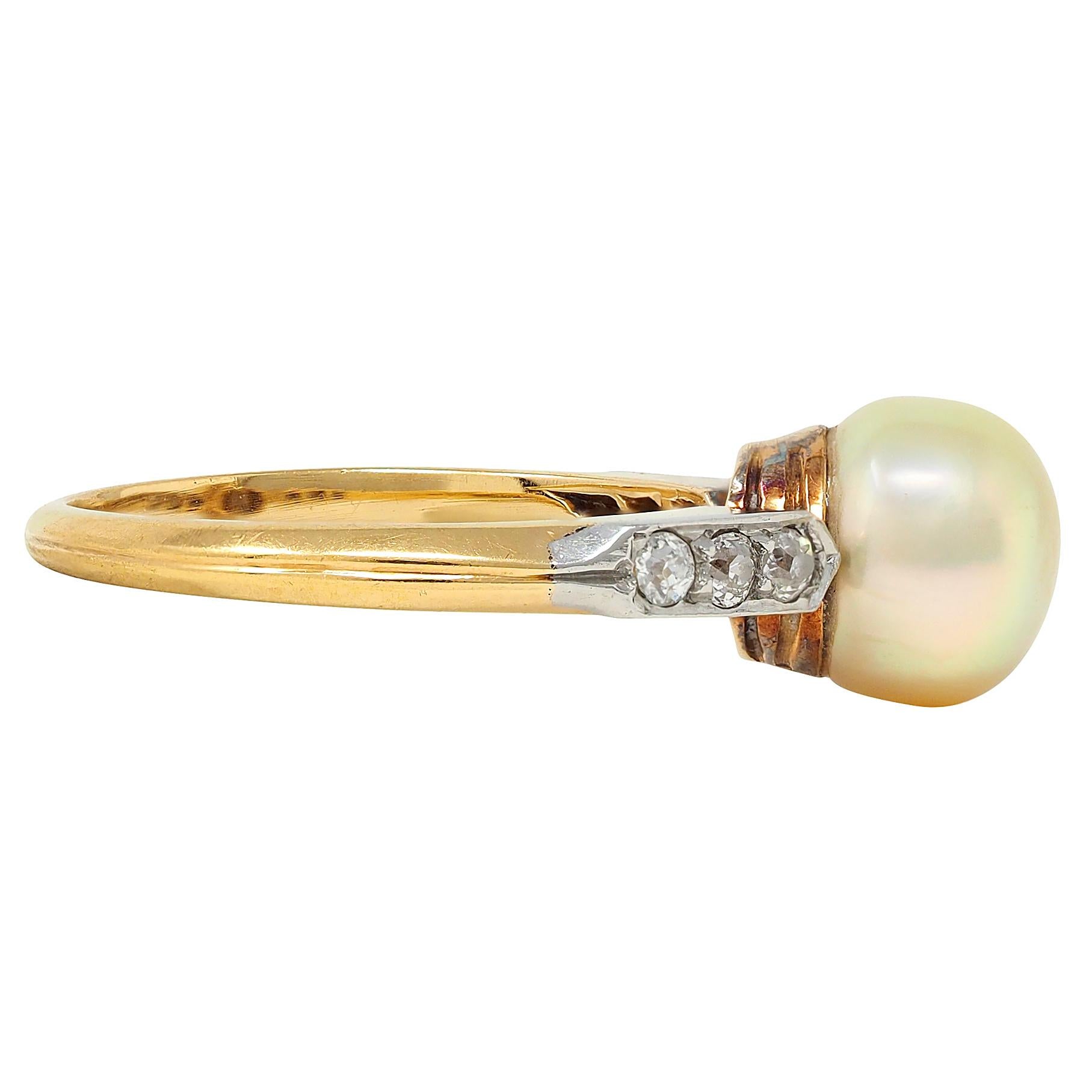 Edwardian Natural Saltwater Pearl Diamond Platinum 18K Gold Antique Ring GIA