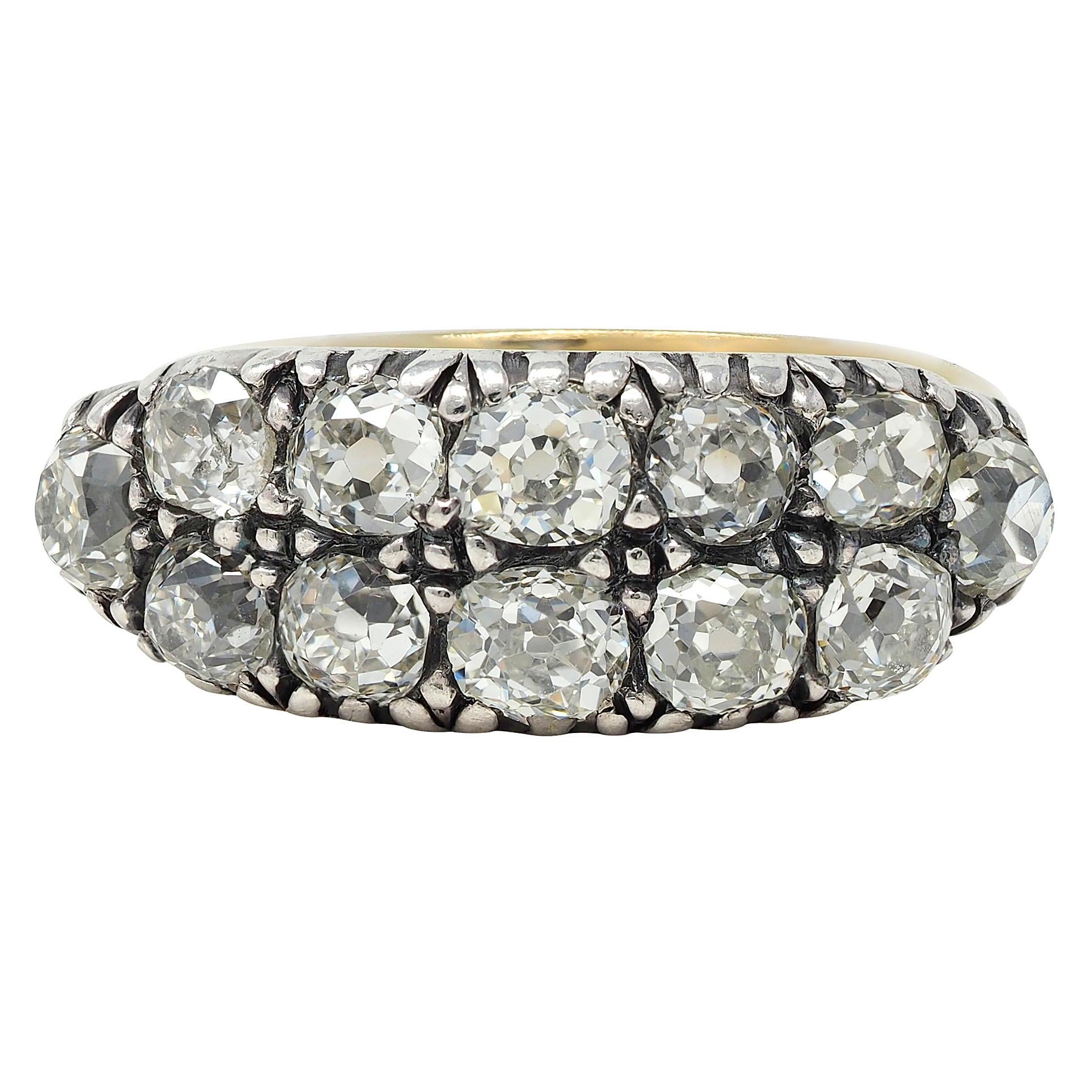 Victorian 1.80 CTW Old Mine Diamond Silver 18K Gold Antique Double Row Band Ring