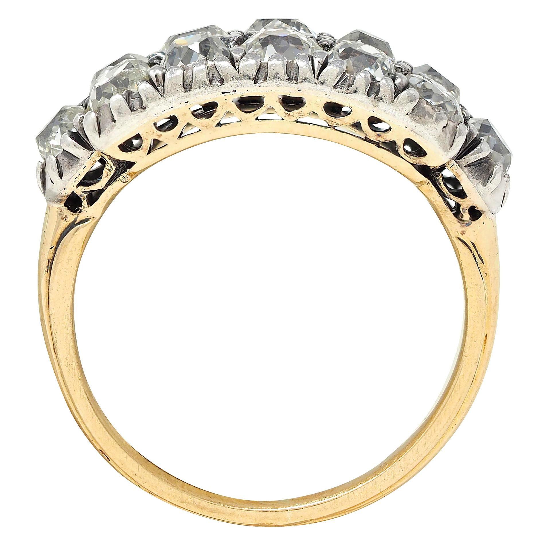 Victorian 1.80 CTW Old Mine Diamond Silver 18K Gold Antique Double Row Band Ring