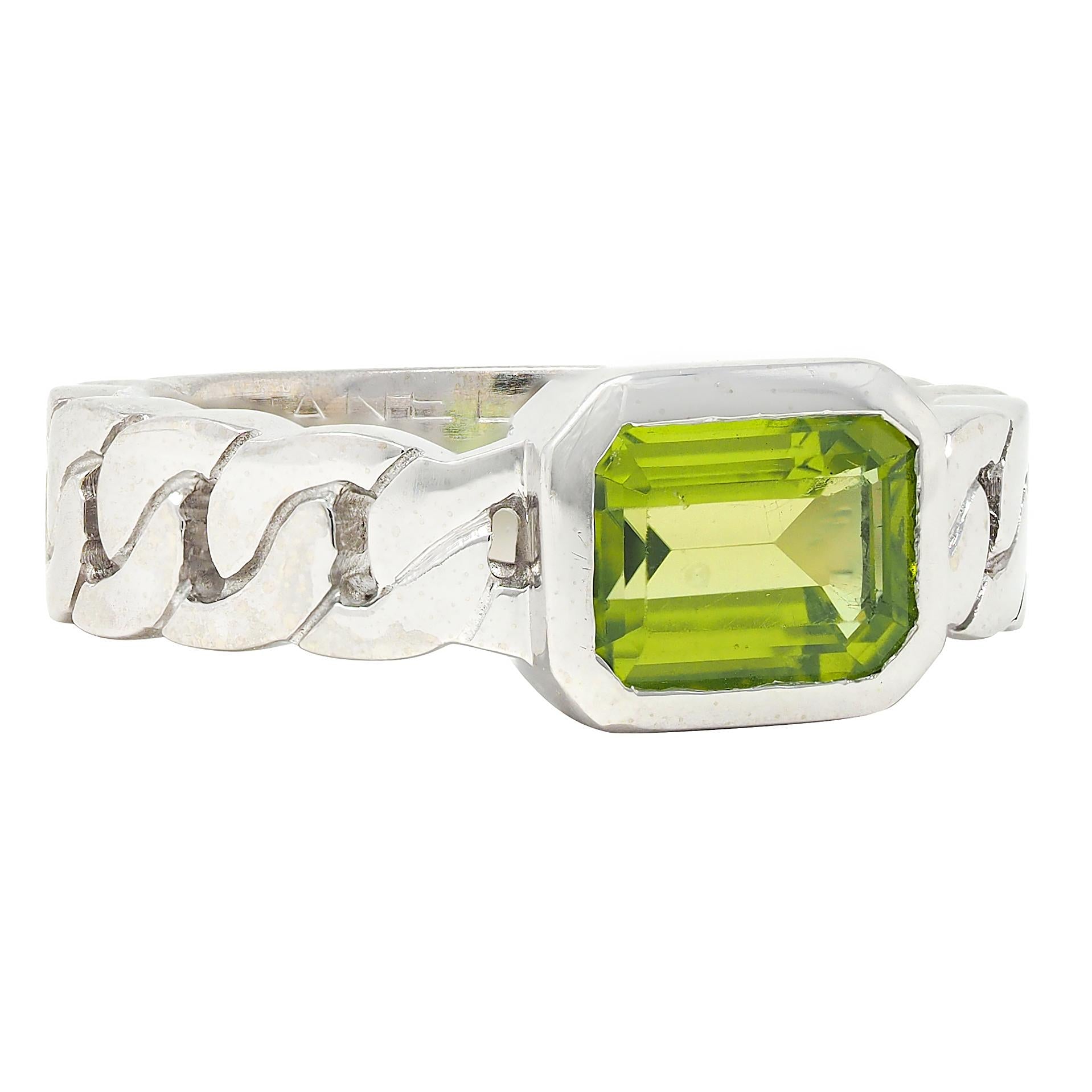 Chanel French 1980's Peridot 18K White Gold Curb Link Bezel Vintage Band Ring