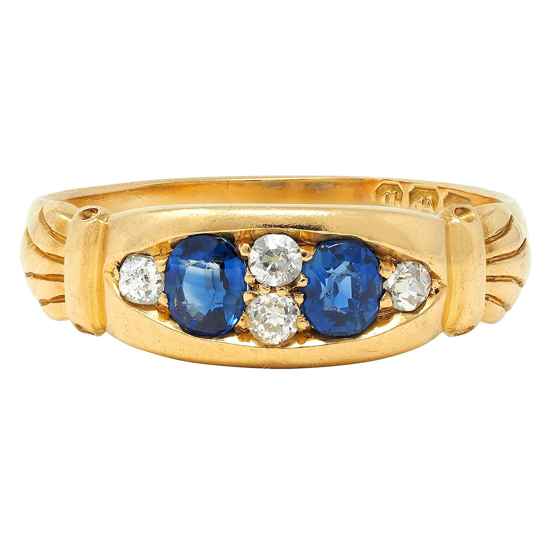 Early Art Deco 1919 Sapphire Diamond 18 Karat Yellow Gold Antique Marquise Ring