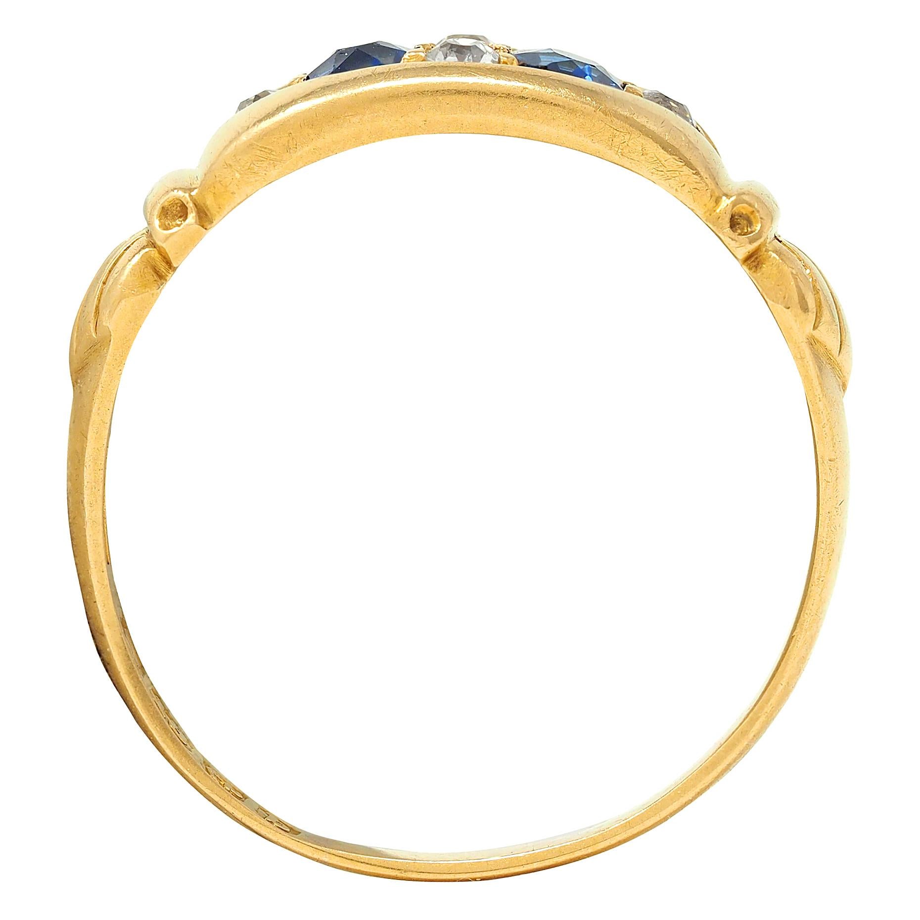 Early Art Deco 1919 Sapphire Diamond 18 Karat Yellow Gold Antique Marquise Ring