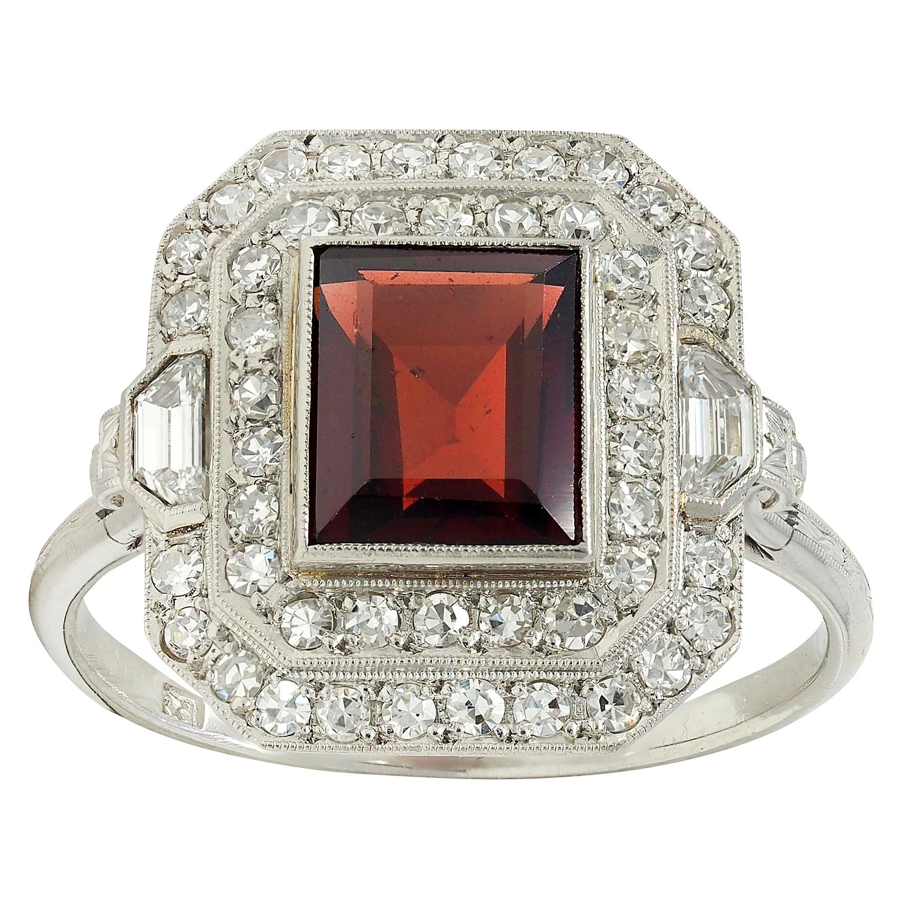 Art Deco 2.50 CTW Garnet Diamond Platinum Vintage Double Halo Ring