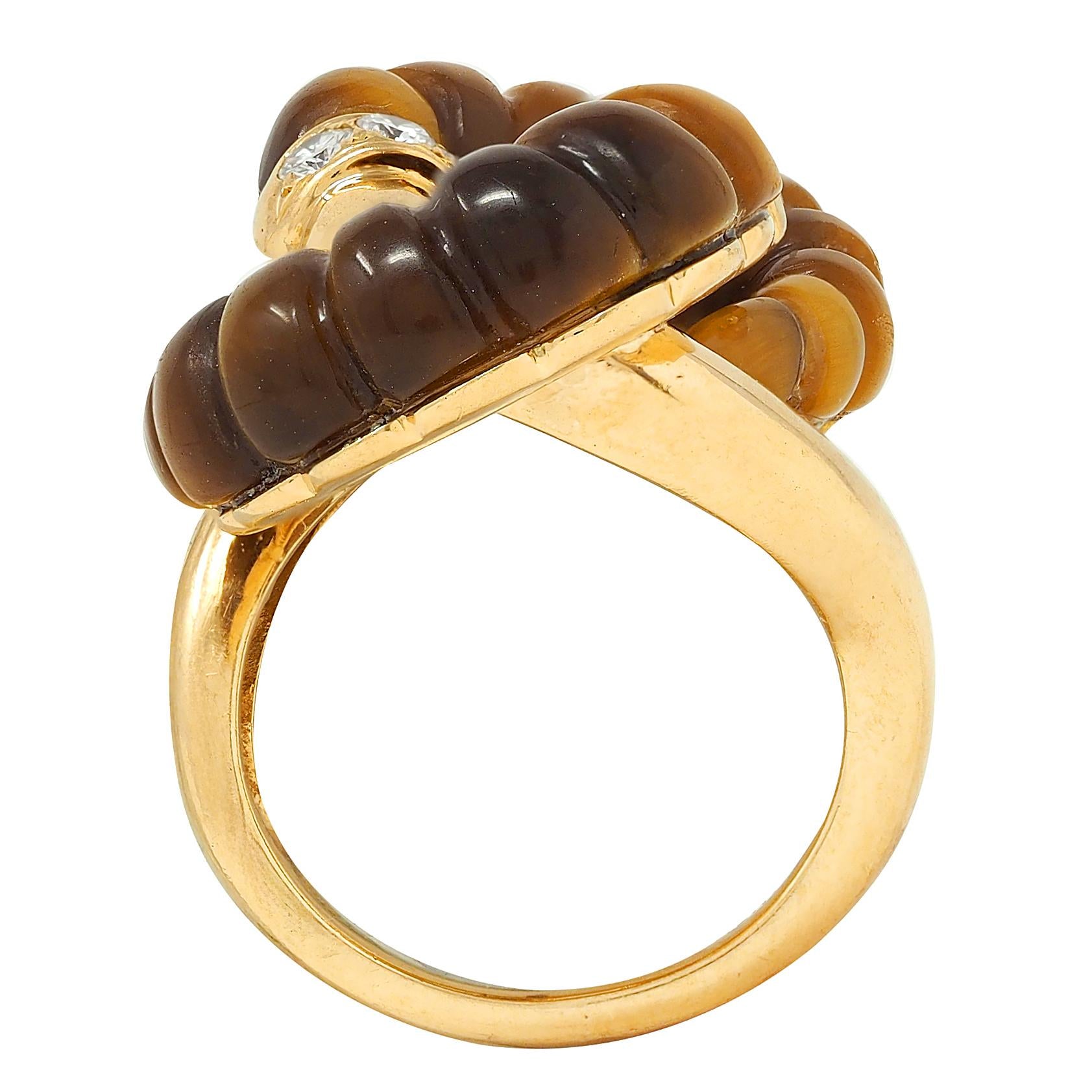 1973 French Diamond Tiger's Eye Quartz 18K Gold Interlocking Vintage Bypass Ring
