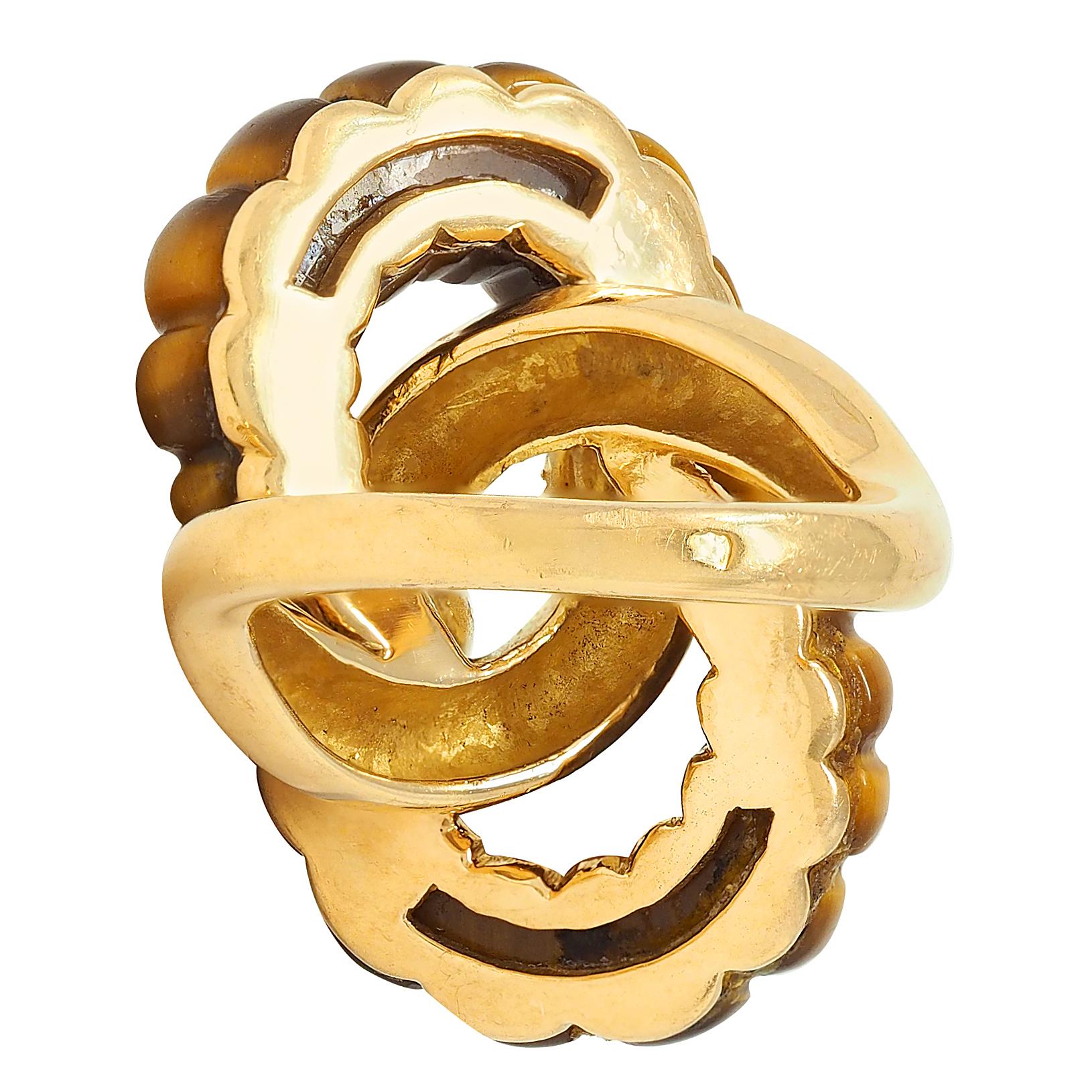 1973 French Diamond Tiger's Eye Quartz 18K Gold Interlocking Vintage Bypass Ring