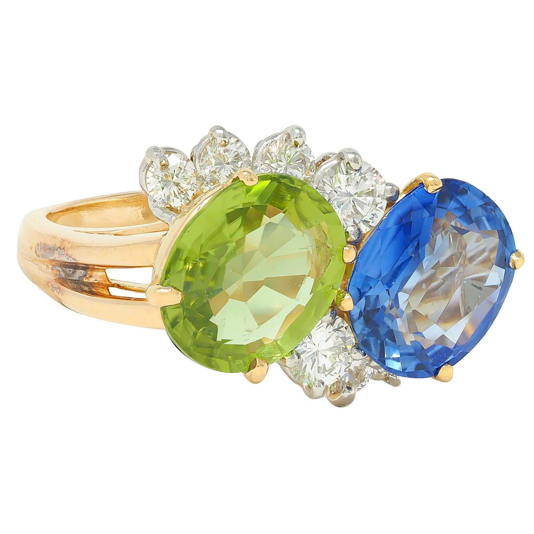 Oscar Heyman Sapphire Peridot Diamond Platinum 18K Gold Vintage Toi-Et-Moi Ring