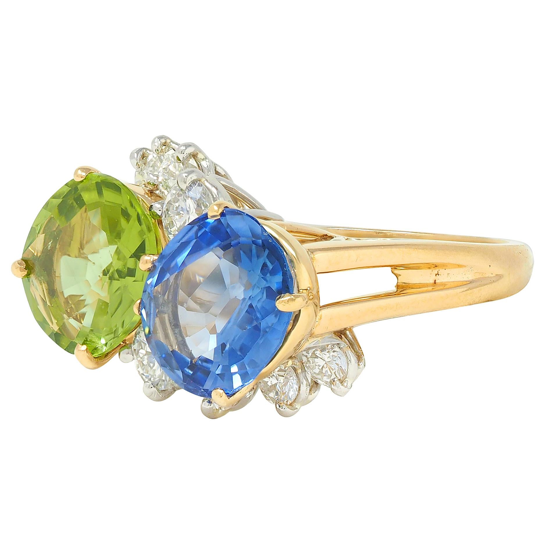 Oscar Heyman Sapphire Peridot Diamond Platinum 18K Gold Vintage Toi-Et-Moi Ring