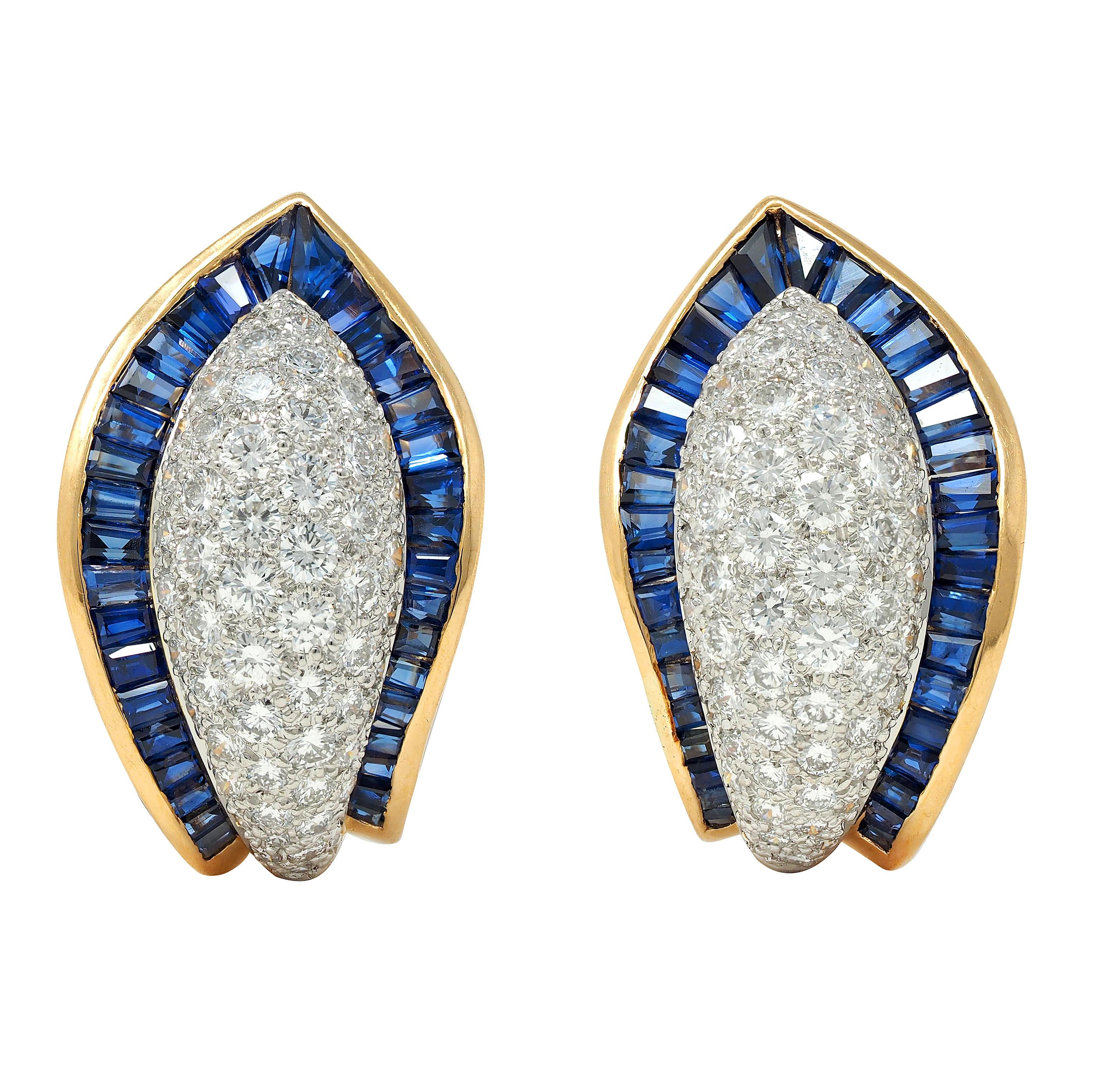 Oscar Heyman Sapphire Diamond Platinum 18K Gold Vintage Ear-Clip Earrings