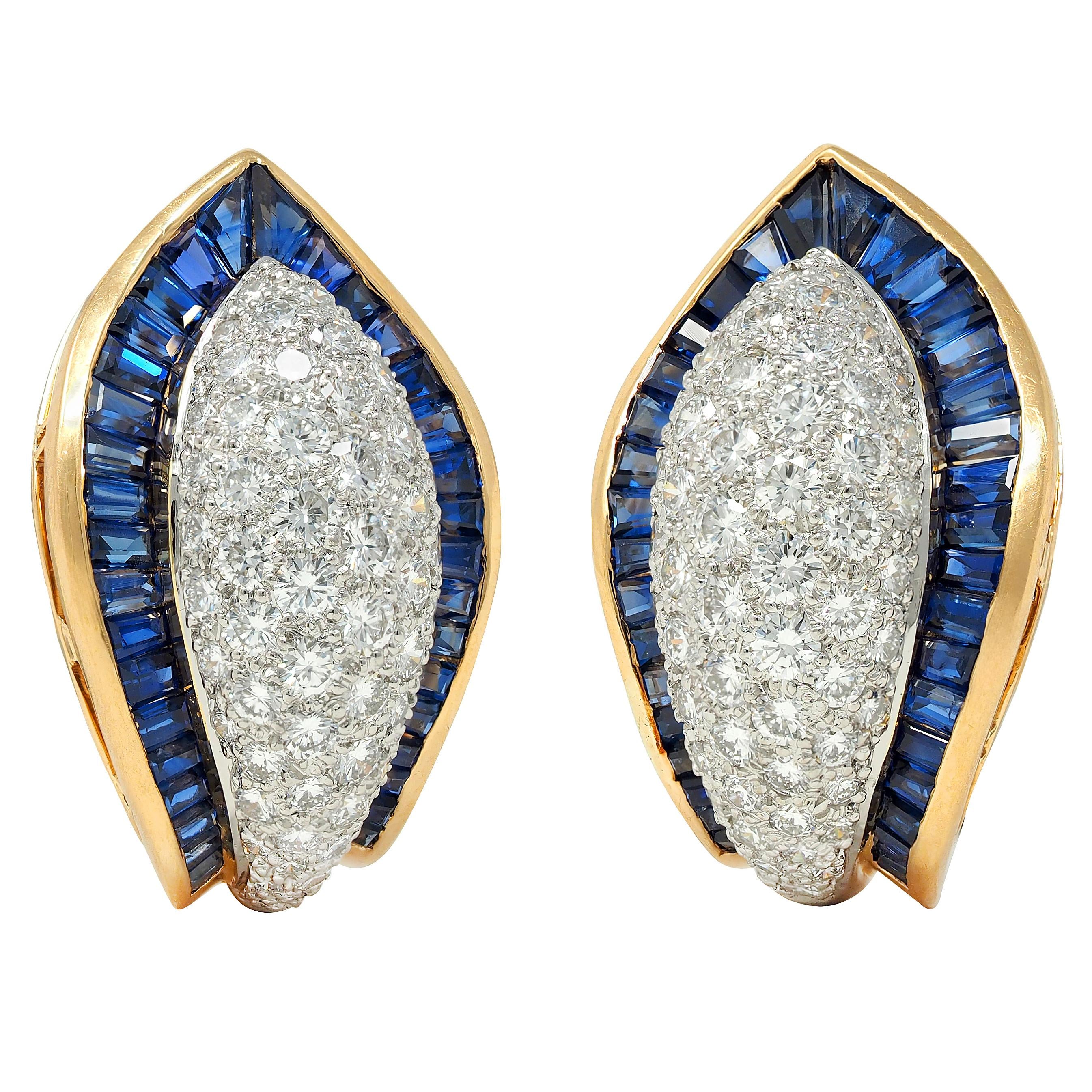 Oscar Heyman Sapphire Diamond Platinum 18K Gold Vintage Ear-Clip Earrings