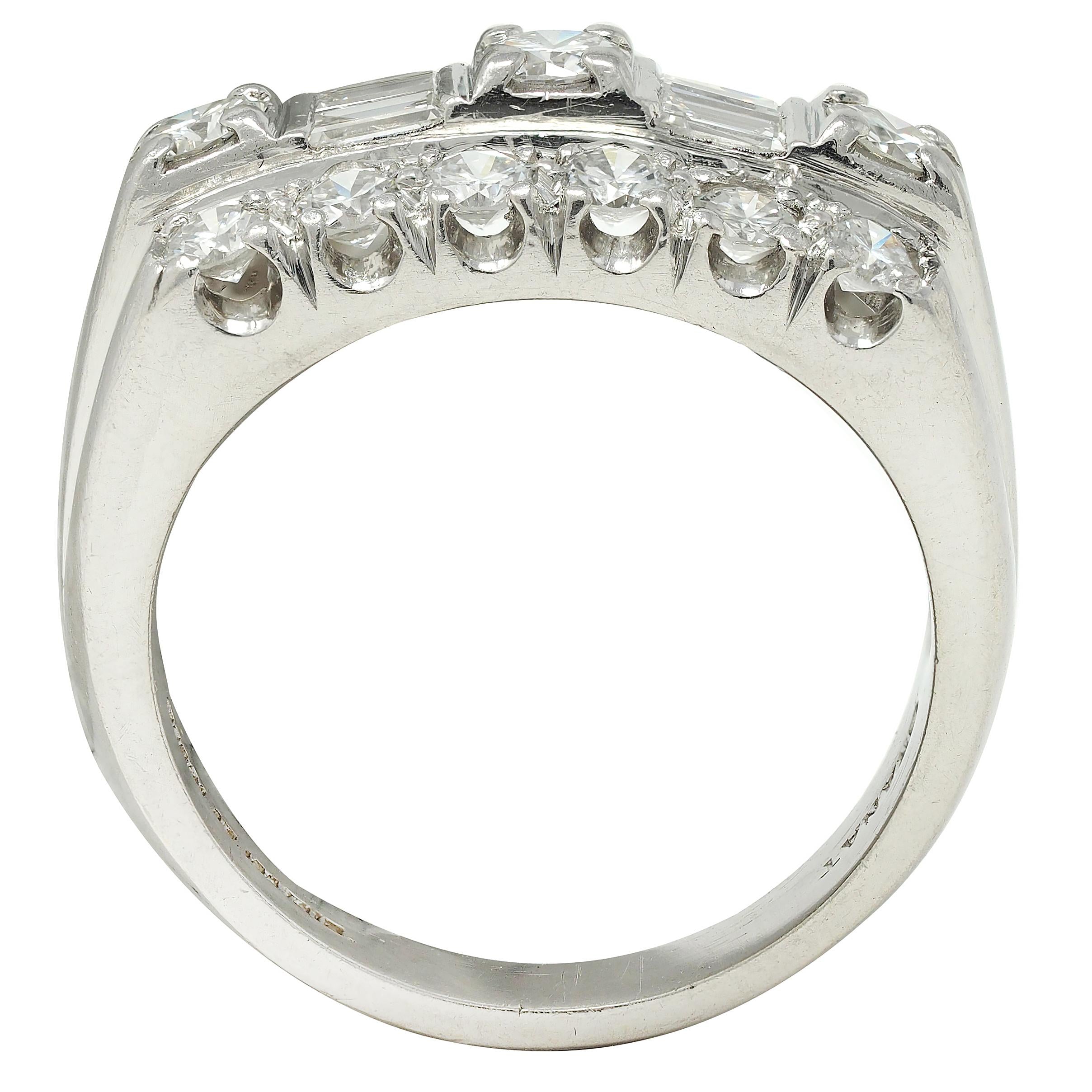 Granat Mid-Century 1.55 CTW Diamond Platinum Vintage Three Row Band Ring